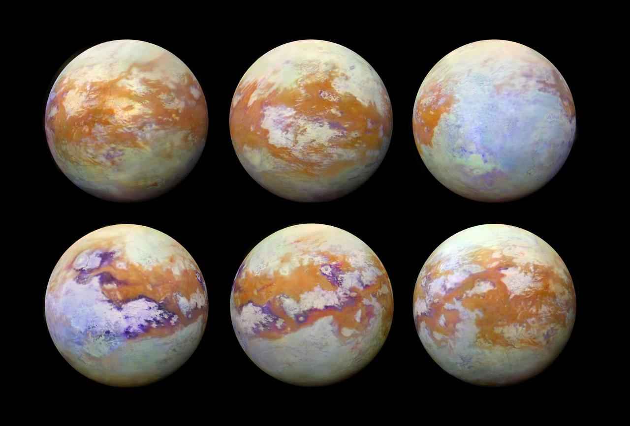 These six infrared images of Saturn's moon Titan represent some of the clearest, most seamless-looking global views of the icy moon's surface produced so far. The views were created using 13 years of data acquired by the Visual and Infrared Mapping Spectrometer (VIMS) instrument on board NASA's Cassini spacecraft. The images are the result of a focused effort to smoothly combine data from the multitude of different observations VIMS made under a wide variety of lighting and viewing conditions over the course of Cassini's mission.  Previous VIMS maps of Titan (for example, PIA02145) display great variation in imaging resolution and lighting conditions, resulting in obvious seams between different areas of the surface. With the seams now gone, this new collection of images is by far the best representation of how the globe of Titan might appear to the casual observer if it weren't for the moon's hazy atmosphere, and it likely will not be superseded for some time to come.  Observing the surface of Titan in the visible region of the spectrum is difficult, due to the globe enshrouding haze that envelops the moon. This is primarily because small particles called aerosols in Titan's upper atmosphere strongly scatter visible light. But Titan's surface can be more readily imaged in a few infrared "windows" -- infrared wavelengths where scattering and absorption is much weaker. This is where the VIMS instrument excelled, parting the haze to obtain clear images of Titan's surface. (For comparison, Figure 1 shows Titan as it appears in visible light, as does PIA11603.)  Making mosaics of VIMS images of Titan has always been a challenge because the data were obtained over many different flybys with different observing geometries and atmospheric conditions. One result is that very prominent seams appear in the mosaics that are quite difficult for imaging scientists to remove. But, through laborious and detailed analyses of the data, along with time consuming hand processing of the mosaics, the seams have been mostly removed. This is an update to the work previously discussed in PIA20022.  Any full color image is comprised of three color channels: red, green and blue. Each of the three color channels combined to create these views was produced using a ratio between the brightness of Titan's surface at two different wavelengths (1.59/1.27 microns [red], 2.03/1.27 microns [green] and 1.27/1.08 microns [blue]). This technique (called a "band-ratio" technique) reduces the prominence of seams, as well as emphasizing subtle spectral variations in the materials on Titan's surface. For example, the moon's equatorial dune fields appear a consistent brown color here. There are also bluish and purplish areas that may have different compositions from the other bright areas, and may be enriched in water ice.  For a map of Titan with latitudes, longitudes and labeled surface features, see PIA20713.  It is quite clear from this unique set of images that Titan has a complex surface, sporting myriad geologic features and compositional units. The VIMS instrument has paved the way for future infrared instruments that could image Titan at much higher resolution, revealing features that were not detectable by any of Cassini's instruments.  https://photojournal.jpl.nasa.gov/catalog/PIA21923