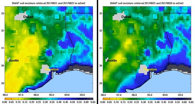 NASA image: NASA SMAP Images Show Texas Soil Moisture Conditions Before/After Hurricane Harvey's Landfall