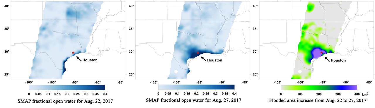 A new series of images generated with data from NASA's Soil Moisture Active Passive (SMAP) satellite illustrate the surface flooding caused by Hurricane Harvey from before its initial landfall through August 27, 2017. The SMAP observations detect the proportion of the ground covered by surface water within the satellite's field of view. The sequence of images depicts successive satellite orbital swath observations showing the surface water conditions on August 22, before Harvey's landfall (left), and then on Aug. 27, two days after landfall (middle). The resulting increase in surface flooding from record rainfall over the three-day period, shown at right, depicts regionally heavy flooding around the Houston metropolitan area. The hardest hit areas (blue and purple shades) cover more than 23,000 square miles (about 59,600 square kilometers) and indicate a more than 1,000-fold increase in surface water cover from rainfall-driven flooding. SMAP's low-frequency (L-band) microwave radiometer features enhanced capabilities for detecting surface water changes in nearly all weather conditions and under low-to-moderate vegetation cover. The satellite provides global coverage with one to three-day repeat sampling, which is well suited for monitoring dynamic inland waters around the world. https://photojournal.jpl.nasa.gov/catalog/PIA21930