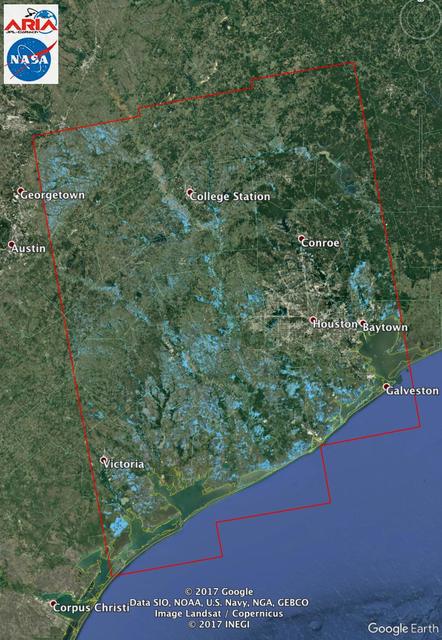 The Advanced Rapid Imaging and Analysis (ARIA) team at NASA's Jet Propulsion Laboratory in Pasadena, California, used synthetic aperture radar imagery from the European Space Agency's (ESA) Sentinel-1 satellite to create this Flood Proxy Map of Southeastern Texas, showing areas that are likely flooded as a result of Hurricane Harvey (light blue pixels). The images used to create the map were taken before (Aug. 5, 2017) and after (Aug. 29, 2017) Hurricane Harvey made landfall. The map covers an area of 155 by 211 miles (250 by 340 kilometers). Each pixel measures about 33 yards (30 meters) across. Local ground observations provided anecdotal preliminary validation. The results were also cross-validated with the ARIA ALOS-2 flood proxy map v0.2. The map should be used as guidance, and may be less reliable over urban areas. Sentinel-1 data were accessed through the Copernicus Open Access Hub. Contains modified Copernicus Sentinel data 2017.   https://photojournal.jpl.nasa.gov/catalog/PIA21932