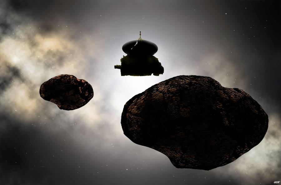 Artist's concept of the New Horizons spacecraft flying by a possible binary 2014 MU69 on Jan. 1, 2019. Early observations of MU69 hint at the Kuiper Belt object being either a binary orbiting pair or a contact (stuck together) pair of nearly like-sized bodies with diameters near 20 and 18 kilometers (12 and 11 miles).   https://photojournal.jpl.nasa.gov/catalog/PIA21943