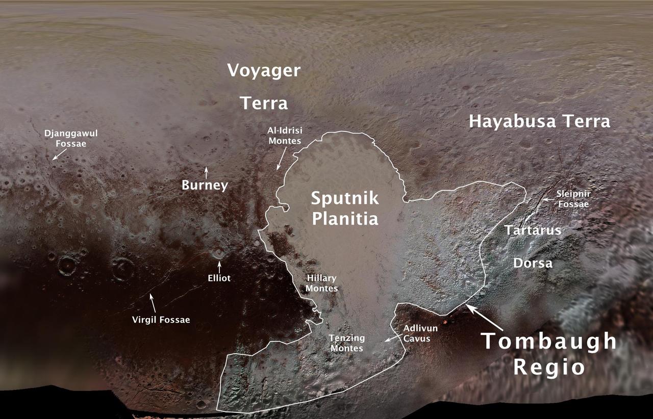 The International Astronomical Union (IAU), the internationally recognized authority for naming celestial bodies and their surface features, approved names of 14 surface features on Pluto in August 2017. The names were proposed by NASA's New Horizons team following the first reconnaissance of Pluto and its moons by the New Horizons spacecraft in 2015. The names, listed below, pay homage to the underworld mythology, pioneering space missions, historic pioneers who crossed new horizons in exploration, and scientists and engineers associated with Pluto and the Kuiper Belt. Tombaugh Regio honors Clyde Tombaugh (1906-1997), the U.S. astronomer who discovered Pluto in 1930 from Lowell Observatory in Arizona. Burney crater honors Venetia Burney (1918-2009), who as an 11-year-old schoolgirl suggested the name "Pluto" for Clyde Tombaugh's newly discovered planet. Later in life she taught mathematics and economics. Sputnik Planitia is a large plain named for Sputnik 1, the first space satellite, launched by the Soviet Union in 1957. Tenzing Montes and Hillary Montes are mountain ranges honoring Tenzing Norgay (1914-1986) and Sir Edmund Hillary (1919-2008), the Indian/Nepali Sherpa and New Zealand mountaineer were the first to reach the summit of Mount Everest and return safely. Al-Idrisi Montes honors Ash-Sharif al-Idrisi (1100-1165/66), a noted Arab mapmaker and geographer whose landmark work of medieval geography is sometimes translated as "The Pleasure of Him Who Longs to Cross the Horizons.†Djanggawul Fossae defines a network of long, narrow depressions named for the Djanggawuls, three ancestral beings in indigenous Australian mythology who traveled between the island of the dead and Australia, creating the landscape and filling it with vegetation. Sleipnir Fossa is named for the powerful, eight-legged horse of Norse mythology that carried the god Odin into the underworld. Virgil Fossae honors Virgil, one of the greatest Roman poets and Dante's fictional guide through hell and purgatory in the Divine Comedy. Adlivun Cavus is a deep depression named for Adlivun, the underworld in Inuit mythology. Hayabusa Terra is a large land mass saluting the Japanese spacecraft and mission (2003-2010) that performed the first asteroid sample return. Voyager Terra honors the pair of NASA spacecraft, launched in 1977, that performed the first "grand tour" of all four giant planets. The Voyager spacecraft are now probing the boundary between the Sun and interstellar space. Tartarus Dorsa is a ridge named for Tartarus, the deepest, darkest pit of the underworld in Greek mythology. Elliot crater recognizes James Elliot (1943-2011), an MIT researcher who pioneered the use of stellar occultations to study the solar system -- leading to discoveries such as the rings of Uranus and the first detection of Pluto's thin atmosphere. https://photojournal.jpl.nasa.gov/catalog/PIA21944