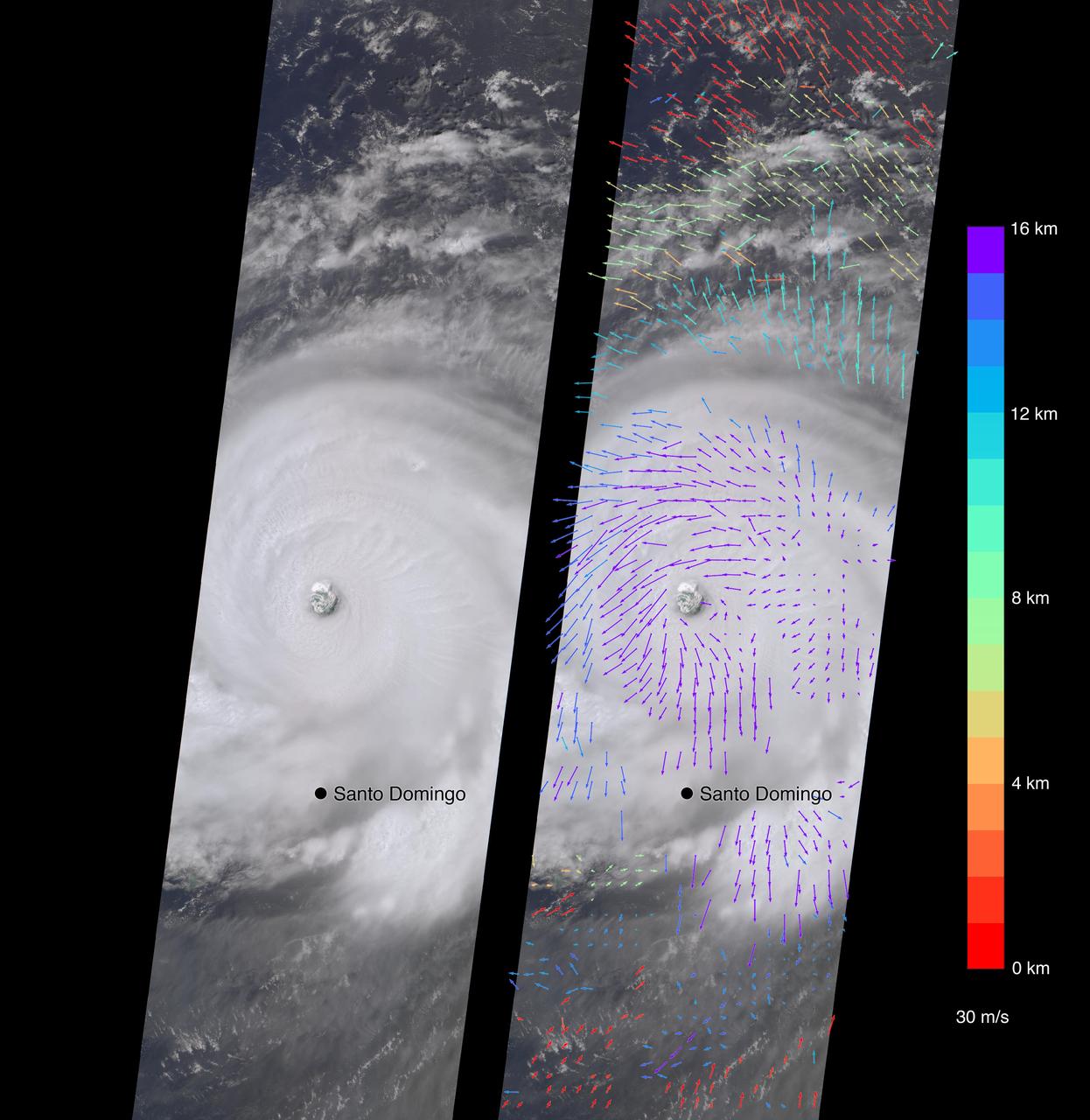 On Sept. 7, the Multi-angle Imaging SpectroRadiometer (MISR) instrument on NASA's Terra satellite passed over Hurricane Irma at approximately 11:20 a.m. local time. The MISR instrument comprises nine cameras that view the Earth at different angles, and since it takes roughly seven minutes for all nine cameras to capture the same location, the motion of the clouds between images allows scientists to calculate the wind speed at the cloud tops. The animated GIF shows Irma's motion over the seven minutes of the MISR imagery. North is toward the top of the image. This composite image shows Hurricane Irma as viewed by the central, downward-looking camera (left), as well as the wind speeds (right) superimposed on the image. The length of the arrows is proportional to the wind speed, while their color shows the altitude at which the winds were calculated. At the time the image was acquired, Irma's eye was located approximately 60 miles (100 kilometers) north of the Dominican Republic and 140 miles (230 kilometers) north of its capital, Santo Domingo. Irma was a powerful Category 5 hurricane, with wind speeds at the ocean surface up to 185 miles (300 kilometers) per hour, according to the National Oceanic and Atmospheric Administration. The MISR data show that at cloud top, winds near the eye wall (the most destructive part of the storm) were approximately 90 miles per hour (145 kilometers per hour), and the maximum cloud-top wind speed throughout the storm calculated by MISR was 135 miles per hour (220 kilometers per hour). While the hurricane's dominant rotation direction is counter-clockwise, winds near the eye wall are consistently pointing outward from it. This is an indication of outflow, the process by which a hurricane draws in warm, moist air at the surface and ejects cool, dry air at its cloud tops. These data were captured during Terra orbit 94267. An animation is available at https://photojournal.jpl.nasa.gov/catalog/PIA21946