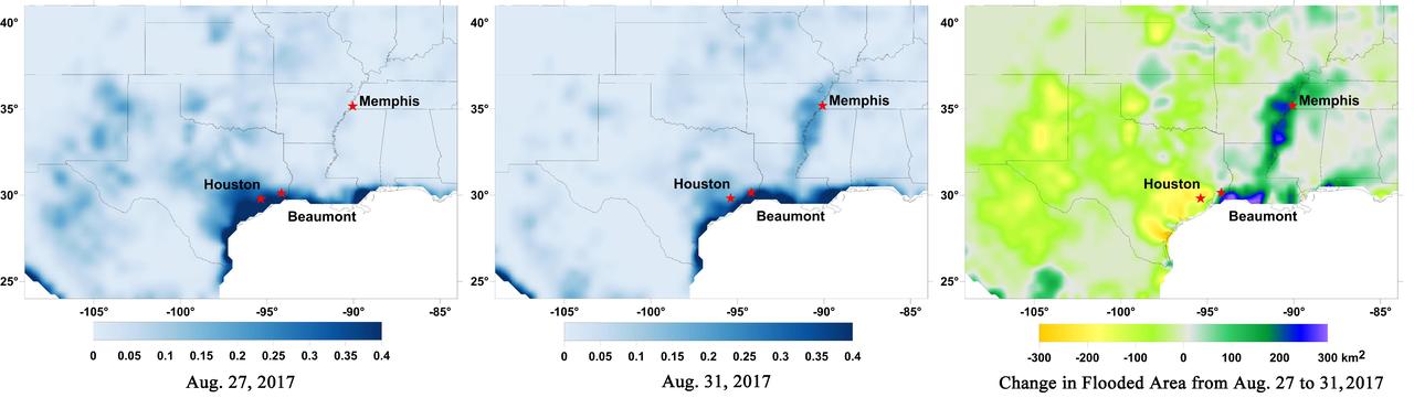 Data from NASA's Soil Moisture Active Passive (SMAP) satellite have been used to create new surface flooding maps of Southeast Texas and the Tennessee Valley following Hurricane Harvey. The SMAP observations detect the proportional cover of surface water within the satellite sensor's field of view. This sequence of images shows changes in the extent of surface flooding from successive five-day SMAP observation composite images. Widespread flooding can be seen in the Houston metropolitan area on Aug. 27 following record rainfall from the Category 4 hurricane, which made landfall on Aug. 25th, 2017 (left image). Flood waters around Houston had substantially receded by Aug. 31 (middle image), while flooding had increased across Louisiana, eastern Arkansas, and western Tennessee as then Tropical Storm Harvey passed over the area. The far right image shows the change in flooded area between Aug. 27 and Aug. 31, with regions showing the most flooding recession depicted in yellow and orange shades and those where flooding had increased depicted in blue shades. The SMAP satellite has a low-frequency (L-band) microwave radiometer with enhanced capabilities for detecting surface water changes in nearly all weather conditions and under low-to-moderate vegetation cover. SMAP provides global coverage with one-to-three-day repeat sampling that is well suited for global monitoring of inland surface water cover dynamics. https://photojournal.jpl.nasa.gov/catalog/PIA21951