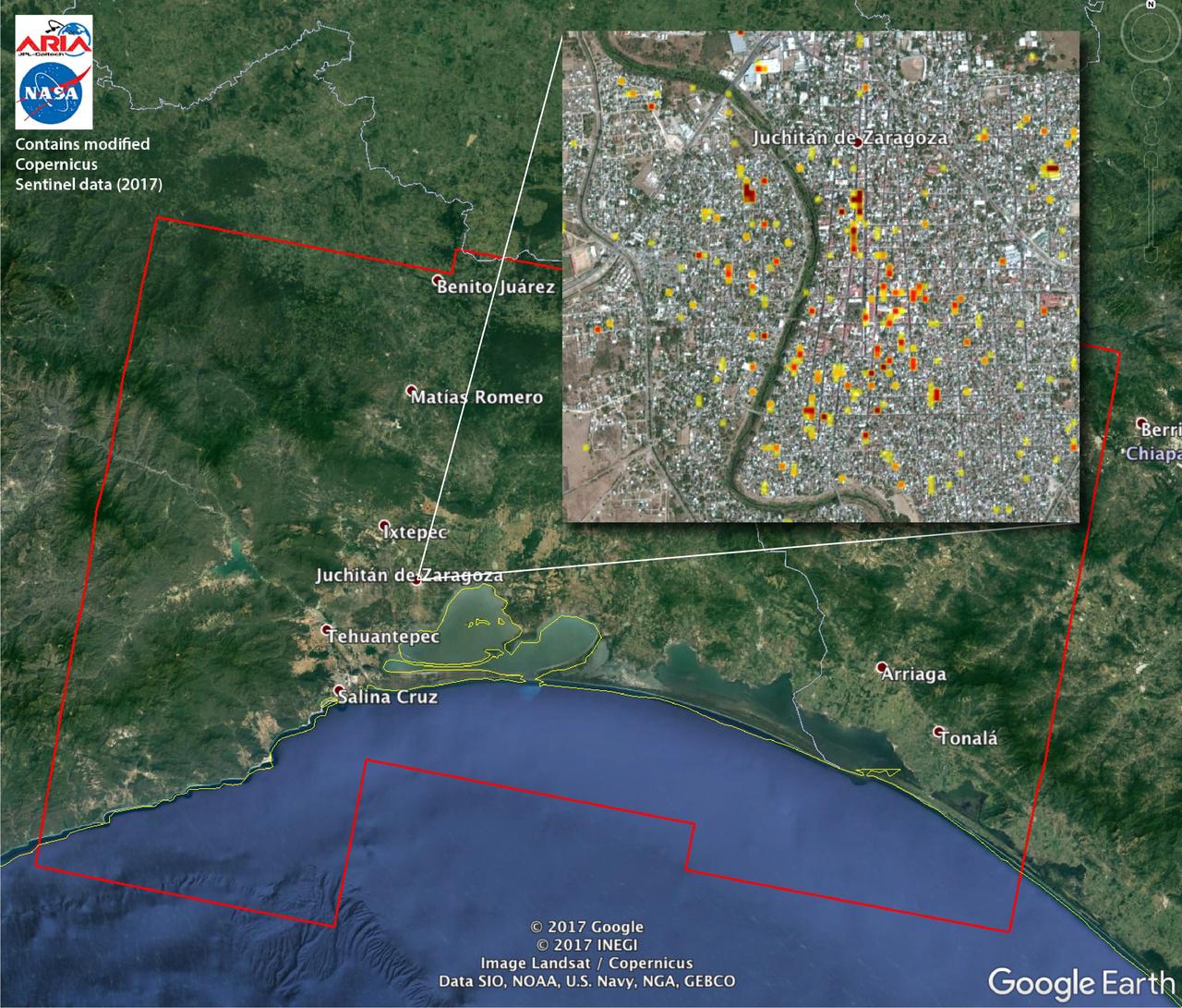 The Advanced Rapid Imaging and Analysis (ARIA) team at NASA's Jet Propulsion Laboratory in Pasadena, California, and Caltech, also in Pasadena, created this Damage Proxy Map (DPM) depicting areas of Southern Mexico that are likely damaged (shown by red and yellow pixels) from the magnitude 8.1 Chiapas earthquake of Sept. 7, 2017 (near midnight local time, early morning on Sept. 8 UTC). The map is derived from synthetic aperture radar (SAR) images from the Copernicus Sentinel-1A and Sentinel-1B satellites, operated by the European Space Agency (ESA). The images were taken before (Sept. 7, 2017 UTC) and after (Sept. 13, 2017 UTC) the earthquake.      The map covers an area of 155 by 106 miles (250 by 170 kilometers). Each pixel measures about 33 yards (30 meters) across. The color variation from yellow to red indicates increasingly more significant ground surface change. Preliminary validation was done by comparing the SAR images to optical satellite imagery from DigitalGlobe. This damage proxy map should be used as guidance to identify damaged areas, and may be less reliable over vegetated areas. Sentinel-1 data were accessed through the Copernicus Open Access Hub. The image contains modified Copernicus Sentinel data (2017), processed by ESA and analyzed by the NASA-JPL/Caltech ARIA team. This research was carried out at JPL under a contract with NASA.   https://photojournal.jpl.nasa.gov/catalog/PIA21956