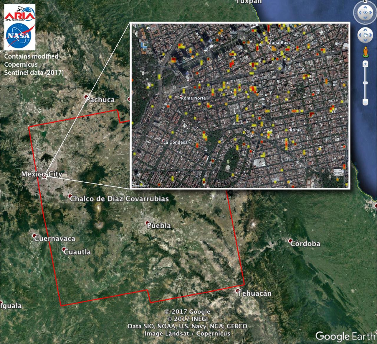 The Advanced Rapid Imaging and Analysis (ARIA) team at NASA's Jet Propulsion Laboratory in Pasadena, California, and Caltech, also in Pasadena, created this Damage Proxy Map (DPM) depicting areas of Central Mexico, including Mexico City, that are likely damaged (shown by red and yellow pixels) from the magnitude 7.1 Raboso earthquake of Sept. 19, 2017 (local time). The map is derived from synthetic aperture radar (SAR) images from the Copernicus Sentinel-1A and Sentinel-1B satellites, operated by the European Space Agency (ESA). The images were taken before (Sept. 8, 2017) and after (Sept. 20, 2017) the earthquake.  The map covers an area of 109 by 106 miles (175 by 170 kilometers). Each pixel measures about 33 yards (30 meters) across. The color variation from yellow to red indicates increasingly more significant ground and building surface change. Preliminary validation was done by comparing the DPM to a crowd-sourced Google Map (https://www.google.com/maps/d/u/0/viewer?mid=1_-V97lbdgLFHpx-CtqhLWlJAnYY&ll=19.41452166501326%2C-99.16498240436704&z=16). This damage proxy map should be used as guidance to identify damaged areas, and may be less reliable over vegetated areas. Sentinel-1 data were accessed through the Copernicus Open Access Hub. The image contains modified Copernicus Sentinel data (2017), processed by ESA and analyzed by the NASA-JPL/Caltech ARIA team. This research was carried out at JPL under contract with NASA.  https://photojournal.jpl.nasa.gov/catalog/PIA21963