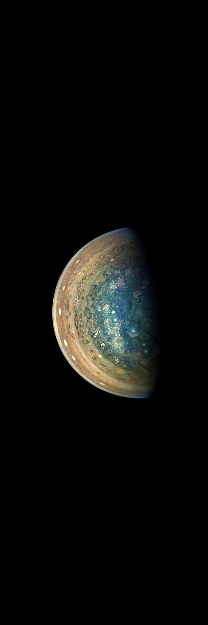 This image of Jupiter's swirling south polar region was captured by NASA's Juno spacecraft as it neared completion of its tenth close flyby of the gas giant planet.  The "empty" space above and below Jupiter in this color-enhanced image can trick the mind, causing the viewer to perceive our solar system's largest planet as less colossal than it is. In reality, Jupiter is wide enough to fit 11 Earths across its clouded disk.  The spacecraft captured this image on Dec. 16, 2017, at 11:07 PST (2:07 p.m. EST) when the spacecraft was about 64,899 miles (104,446 kilometers) from the tops of the clouds of the planet at a latitude of 83.9 degrees south -- almost directly over Jupiter's south pole.  The spatial scale in this image is 43.6 miles/pixel (70.2 kilometers/pixel).  Citizen scientist Gerald Eichstädt processed this image using data from the JunoCam imager.  https://photojournal.jpl.nasa.gov/catalog/PIA21975