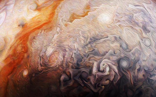Citizen scientist Rick Lundh created this abstract Jovian artwork using data from the JunoCam imager onboard NASA's Juno spacecraft. The original image captures a close-up view of numerous storms in the northern hemisphere of Jupiter. To produce this artwork, Lundh selected a more contrasting part of one of Jupiter's storms, then cropped the image and applied an oil-painting filter. https://photojournal.jpl.nasa.gov/catalog/PIA21983 . - Enhanced image by Rick Lundh based on images provided courtesy of NASA/JPL-Caltech/SwRI/MSSS