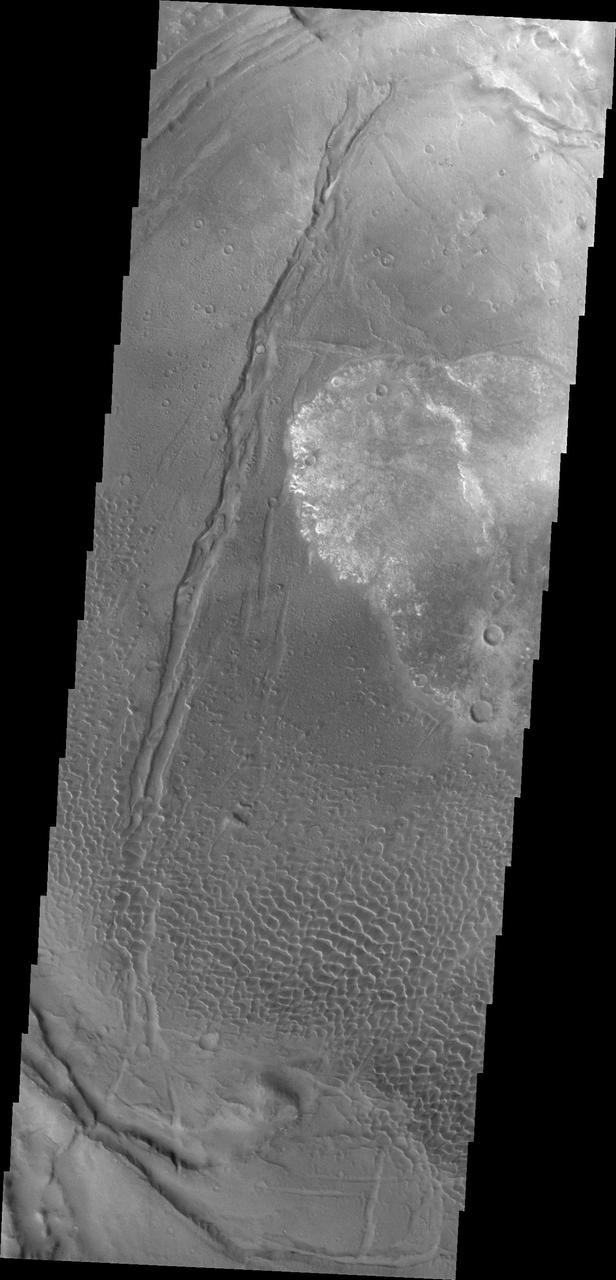 This image shows part of the Nili Patera dune field. High resolution imaging by other spacecraft has revealed that the dunes in this region are moving. Winds are blowing the dunes across a rough surface of regional volcanic lava flows. The paterae are calderas on the volcanic complex called Syrtis Major Planum. Dunes are found in both Nili and Meroe Paterae and in the region between the two calderas. The Odyssey spacecraft has spent over 15 years in orbit around Mars, circling the planet more than 69000 times. It holds the record for longest working spacecraft at Mars. THEMIS, the IR/VIS camera system, has collected data for the entire mission and provides images covering all seasons and lighting conditions. Over the years many features of interest have received repeated imaging, building up a suite of images covering the entire feature. From the deepest chasma to the tallest volcano, individual dunes inside craters and dune fields that encircle the north pole, channels carved by water and lava, and a variety of other feature, THEMIS has imaged them all. For the next several months the image of the day will focus on the Tharsis volcanoes, the various chasmata of Valles Marineris, and the major dunes fields. We hope you enjoy these images! Orbit Number: 42079 Latitude: 8.99242 Longitude: 67.1173 Instrument: VIS Captured: 2011-06-10 03:08 https://photojournal.jpl.nasa.gov/catalog/PIA22007
