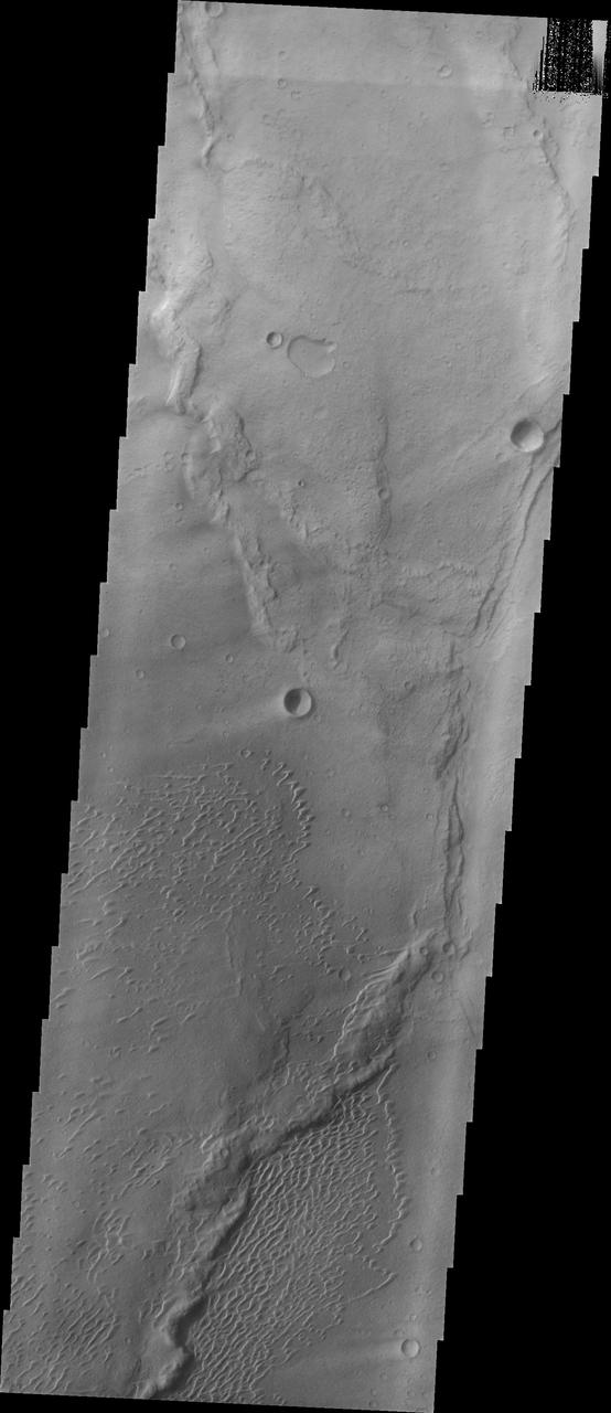 his image shows part of the dune field near Meroe Patera. High resolution imaging by other spacecraft has revealed that the dunes in this region are moving. Winds are blowing the dunes across a rough surface of regional volcanic lava flows. The paterae are calderas on the volcanic complex called Syrtis Major Planum. Dunes are found in both Nili and Meroe Paterae and in the region between the two calderas. The Odyssey spacecraft has spent over 15 years in orbit around Mars, circling the planet more than 69000 times. It holds the record for longest working spacecraft at Mars. THEMIS, the IR/VIS camera system, has collected data for the entire mission and provides images covering all seasons and lighting conditions. Over the years many features of interest have received repeated imaging, building up a suite of images covering the entire feature. From the deepest chasma to the tallest volcano, individual dunes inside craters and dune fields that encircle the north pole, channels carved by water and lava, and a variety of other feature, THEMIS has imaged them all. For the next several months the image of the day will focus on the Tharsis volcanoes, the various chasmata of Valles Marineris, and the major dunes fields. We hope you enjoy these images! Orbit Number: 11606 Latitude: 7.06099 Longitude: 68.2238 Instrument: VIS Captured: 2004-07-27 00:59 https://photojournal.jpl.nasa.gov/catalog/PIA22012