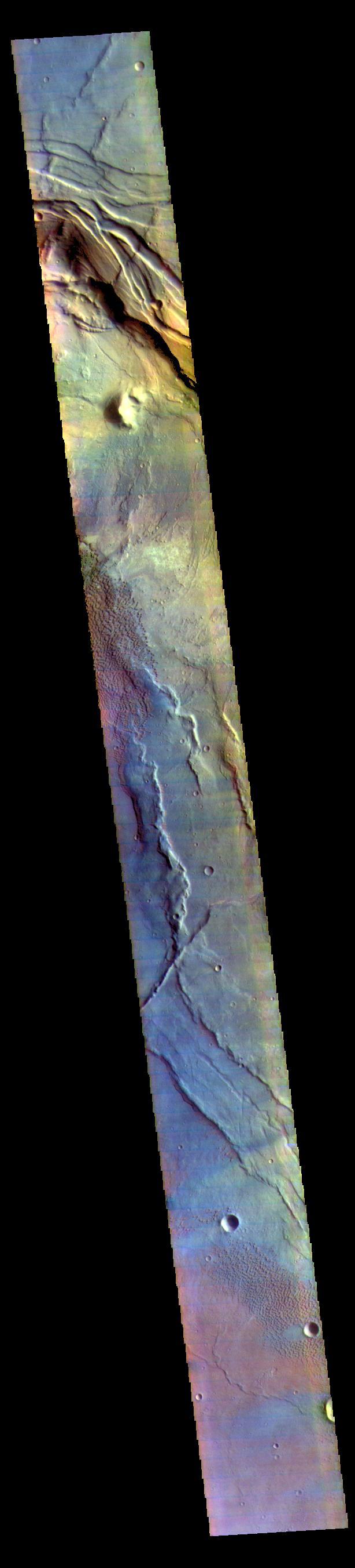 This false color image covers the region from Nili Patera at the top of the frame to the dunes near Meroe Patera (which is off the bottom of the image). High resolution imaging by other spacecraft has revealed that the dunes in this region are moving. Winds are blowing the dunes across a rough surface of regional volcanic lava flows. The paterae are calderas on the volcanic complex called Syrtis Major Planum. Dunes are found in both Nili and Meroe Paterae and in the region between the two calderas.  The THEMIS VIS camera contains 5 filters. The data from different filters can be combined in multiple ways to create a false color image. These false color images may reveal subtle variations of the surface not easily identified in a single band image.  The Odyssey spacecraft has spent over 15 years in orbit around Mars, circling the planet more than 69000 times. It holds the record for longest working spacecraft at Mars. THEMIS, the IR/VIS camera system, has collected data for the entire mission and provides images covering all seasons and lighting conditions. Over the years many features of interest have received repeated imaging, building up a suite of images covering the entire feature. From the deepest chasma to the tallest volcano, individual dunes inside craters and dune fields that encircle the north pole, channels carved by water and lava, and a variety of other feature, THEMIS has imaged them all. For the next several months the image of the day will focus on the Tharsis volcanoes, the various chasmata of Valles Marineris, and the major dunes fields. We hope you enjoy these images!  Orbit Number: 61810 Latitude: 8.37503 Longitude: 67.4659 Instrument: VIS Captured: 2015-11-20 04:48  https://photojournal.jpl.nasa.gov/catalog/PIA22015
