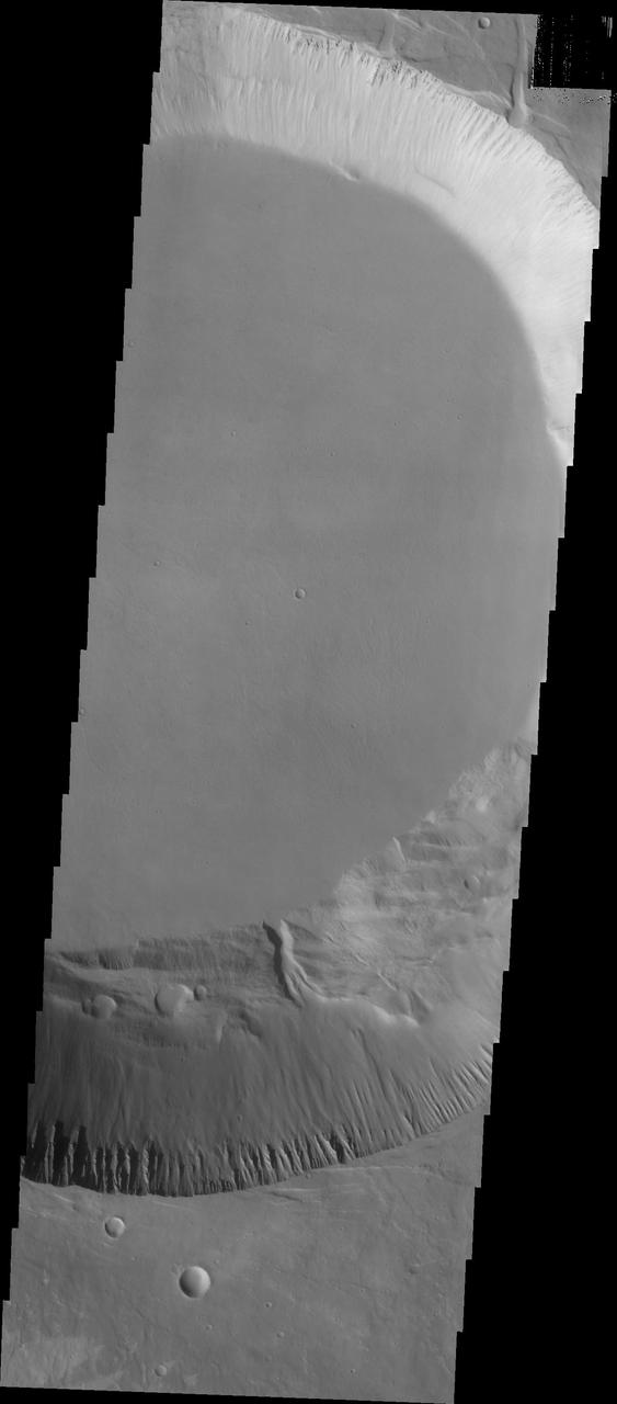 This image shows part smaller summit caldera of Pavonis Mons. This caldera is approximately 5km deep. Near the bottom of the image is a region where part of the caldera side has collapsed into the bottom of the caldera. In shield volcanoes calderas are typically formed where the surface collapses into the void formed by an emptied magma chamber.  Pavonis Mons is one of the three aligned Tharsis Volcanoes. The four Tharsis volcanoes are Ascreaus Mons, Pavonis Mons, Arsia Mons, and Olympus Mars. All four are shield type volcanoes. Shield volcanoes are formed by lava flows originating near or at the summit, building up layers upon layers of lava. The Hawaiian islands on Earth are shield volcanoes. The three aligned volcanoes are located along a topographic rise in the Tharsis region. Along this trend there are increased tectonic features and additional lava flows. Pavonis Mons is the smallest of the four volcanoes, rising 14km above the mean Mars surface level with a width of 375km. It has a complex summit caldera, with the smallest caldera deeper than the larger caldera. Like most shield volcanoes the surface has a low profile. In the case of Pavonis Mons the average slope is only 4 degrees.  The Odyssey spacecraft has spent over 15 years in orbit around Mars, circling the planet more than 69000 times. It holds the record for longest working spacecraft at Mars. THEMIS, the IR/VIS camera system, has collected data for the entire mission and provides images covering all seasons and lighting conditions. Over the years many features of interest have received repeated imaging, building up a suite of images covering the entire feature. From the deepest chasma to the tallest volcano, individual dunes inside craters and dune fields that encircle the north pole, channels carved by water and lava, and a variety of other feature, THEMIS has imaged them all. For the next several months the image of the day will focus on the Tharsis volcanoes, the various chasmata of Valles Marineris, and the major dunes fields. We hope you enjoy these images!  Orbit Number: 32776 Latitude: 0.446561 Longitude: 247.283 Instrument: VIS Captured: 2009-05-05 03:21  https://photojournal.jpl.nasa.gov/catalog/PIA22023