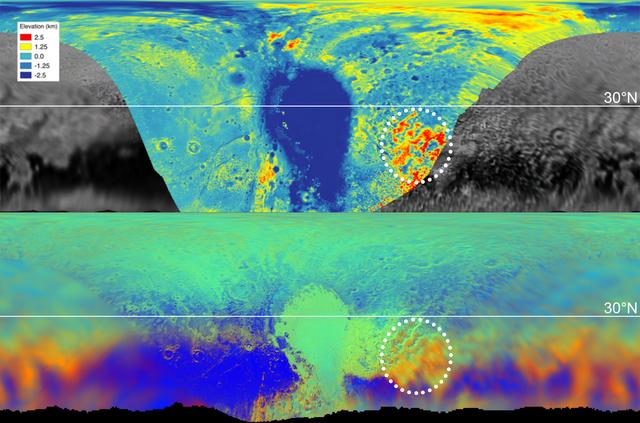 These maps are from New Horizons' data on the topography (top) and composition (bottom) of Pluto's surface. In the high-resolution topographical map, the highlighted red region is high in elevation. The map below, showing the composition, indicates the same section also contains methane, color-coded in orange. One can see the orange features spread into the fuzzier, lower-resolution data that covers the rest of the globe, meaning those areas, too, are high in methane, and therefore likely to be high in elevation.   https://photojournal.jpl.nasa.gov/catalog/PIA22036