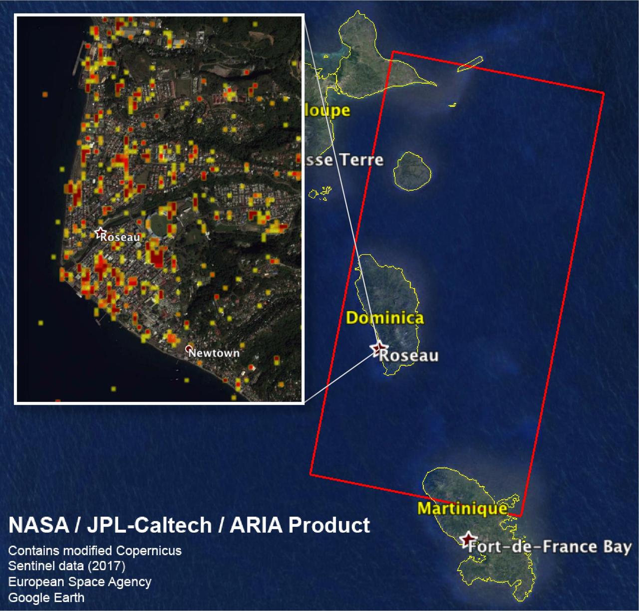 The Advanced Rapid Imaging and Analysis (ARIA) team at NASA's Jet Propulsion Laboratory in Pasadena, California, and Caltech, also in Pasadena, created this Damage Proxy Map (DPM) depicting areas including the Commonwealth of Dominica, that are likely damaged (shown by red and yellow pixels) as a result of Hurricane Maria (a Category 5 storm at landfall in Dominica on Sept. 18, 2017). The map is derived from synthetic aperture radar (SAR) images from the Copernicus Sentinel-1 satellites, operated by the European Space Agency (ESA). The images were taken before (March 27, 2017) and after (Sept. 23, 2017) the landfall of the storm.      The map covers the area within the large red polygon, which measures 53 by 106 miles (85 by 170 kilometers). Each pixel measures about 98 feet (30 meters) across. The color variation from yellow to red indicates increasingly more significant ground surface change. Preliminary validation was done by comparing the data to a crowdsourced map by Clemson Center for Geospatial Technologies and optical satellite imagery feom DigitalGlobe. This damage proxy map should be used as guidance to identify damaged areas, and may be less reliable over vegetated areas. Sentinel-1 data were accessed through the Copernicus Open Access Hub. The image contains modified Copernicus Sentinel data (2017), processed by ESA and analyzed by the NASA/JPL-Caltech ARIA team. This research was carried out at JPL under a contract with NASA.   https://photojournal.jpl.nasa.gov/catalog/PIA22037