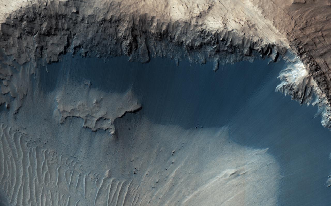 This image from NASA's Mars Reconnaisance Orbiter (MRO) shows one possible place where sand grains are being produced on Mars today. Discovered in images from the Context Camera, this region exhibits dark material that is being eroded from dark layers in the bedrock of a semicircular depression near the boundary of the Southern highlands and the Northern lowlands. Downslope lineations support the notion that these dark sediments are derived locally, and did not accumulate here by coincidence because of the winds.  The grains of sand that make up sand dunes on Earth and Mars have a hazardous existence because of the way that they travel. Wind-blown sand is lifted above the surface of each planet before crashing onto the ground and bouncing in a sequence of repeated hops, a process called saltation.  Sand grains can also roll along the ground as they are blown by the wind, and they are also jostled by other sand gains that are similarly flying across the surface. All of these repeated impacts tend to wear down the sand grains, smoothing them into a more spherical shape and breaking off small fragments that supply the vast dust deposits of Mars. This process (known as comminution) ultimately destroys sand grains and limits the length of time that the particles exist. The fact that we see active sand dunes on Mars today requires that sand particles must be resupplied to replace the grains that are lost over time. Where are the modern day sources of sand on Mars?  https://photojournal.jpl.nasa.gov/catalog/PIA22043