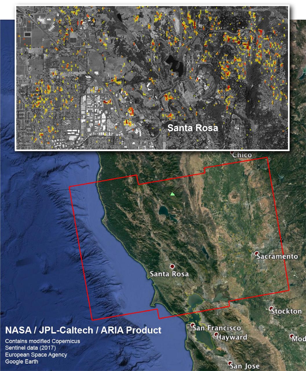 The Advanced Rapid Imaging and Analysis (ARIA) team at NASA's Jet Propulsion Laboratory in Pasadena, California, and Caltech, also in Pasadena, created this Damage Proxy Map depicting areas in Northern California that are likely damaged (shown by red and yellow pixels) as a result of the region's current outbreak of wildfires. The map is derived from synthetic aperture radar (SAR) images from the Copernicus Sentinel-1 satellites, operated by the European Space Agency (ESA). The images were taken before (Sep. 27, 2017, 7 p.m. PDT) and after (Oct. 9, 2017, 7 p.m. PDT) the onset of the fires. The map has been provided to various agencies to aid in the wildfire response.  The map covers the area within the large red polygon, and measures 155 by 106 miles (250 by 170 kilometers). The illustrative figure from the map depicted in the inset shows damage in the city of Santa Rosa. Each pixel in the Damage Proxy Map measures about 98 feet (30 meters) across. The color variation from yellow to red indicates increasingly more significant ground surface change. Preliminary validation was done by comparing to optical satellite imagery from DigitalGlobe. This Damage Proxy Map should be used as guidance to identify damaged areas, and may be less reliable over vegetated areas. Sentinel-1 data were accessed through the Copernicus Open Access Hub. The image contains modified Copernicus Sentinel data (2017), processed by ESA and analyzed by the NASA-JPL/Caltech ARIA team. This research was carried out at JPL under a contract with NASA.  https://photojournal.jpl.nasa.gov/catalog/PIA22048