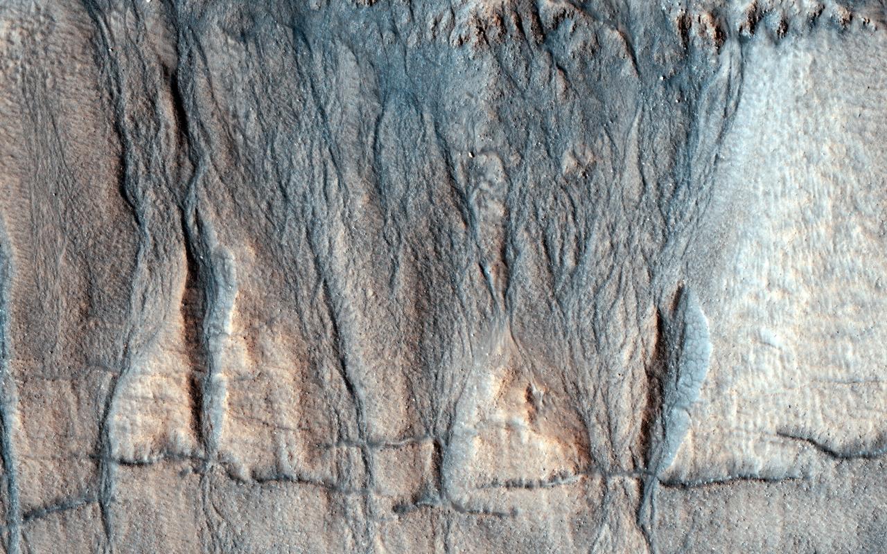 This observation image from NASA's Mars Reconnaisance Orbiter (MRO) captures details regarding the evolution of gully features observed in a crater in Acidalia Planitia. A Context Camera image provides context for these gullies showing an approximately 7-kilometer diameter crater in which we see that the gullies occur exclusively on the northern wall. This is unlike most of the observed gully sites in the northern Martian hemisphere, which typically have gullies on their pole-facing slopes. Another unique observation of this set of gullies is that they start mid-way down the crater's wall rather than cutting directly into the upper crater wall or rim. The younger, more recently active fans are generally rougher than the older, smoother fans that are located near the base of the slope. Consistent with this interpretation, are a number of observed superposition and cross-cutting relationships. The rougher fans are always superimposed over the older, smoother ones. Discontinuous fractures are observed to cross-cut only older features, while the most recently active portions of the gullies, in this case the channels or fans, are not cut by the fractures, but in some cases even superimpose them. This suggests that the fractures formed prior to the last phase of gully activity. https://photojournal.jpl.nasa.gov/catalog/PIA22054