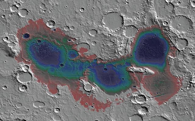The Eridania basin of southern Mars is believed to have held a sea about 3.7 billion years ago, with seafloor deposits likely resulting from underwater hydrothermal activity. This graphic shows estimated depths of water in that ancient sea.  A recent estimate of the total water volume of the ancient Eridania sea is about 50,000 cubic miles (210,000 cubic kilometers), about nine times the total volume of North America's Great Lakes. The map covers an area about 530 miles (850 kilometers) wide.  This graphic was included in a 2017 report "Ancient hydrothermal seafloor deposits in Eridania basin on Mars" in Nature Communications.  A reference bar indicating color coding of depth, from red, at right, showing depth of about 300 feet (100 meters) to black showing depth more than 10 times that depth. This graphic was included in a 2017 report "Ancient hydrothermal seafloor deposits in Eridania basin on Mars" in Nature Communications.   https://photojournal.jpl.nasa.gov/catalog/PIA22059