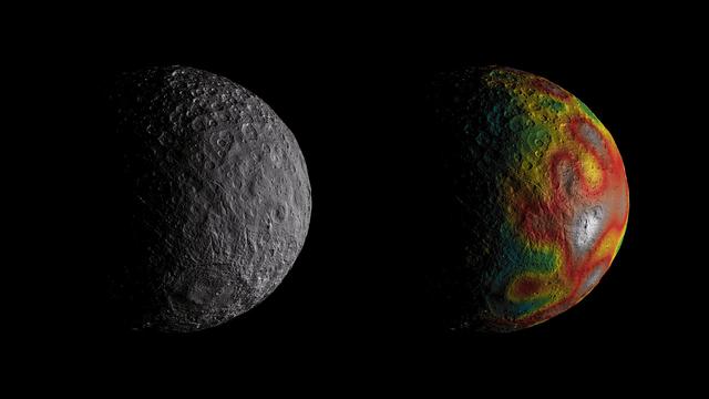 This frame from an animation shows Ceres as seen by NASA's Dawn spacecraft from its high-altitude mapping orbit at 913 miles (1,470 kilometers) above the surface. The colorful map overlaid at right shows variations in Ceres' gravity field measured by Dawn, and gives scientists hints about the dwarf planet's internal structure. Red colors indicate more positive values, corresponding to a stronger gravitational pull than expected, compared to scientists' pre-Dawn model of Ceres' internal structure; blue colors indicate more negative values, corresponding to a weaker gravitational pull.  The animation was created by projecting a map of Ceres onto a rotating sphere. The image scale is about 450 feet (140 meters) per pixel.  The animations are available at https://photojournal.jpl.nasa.gov/catalog/PIA22083