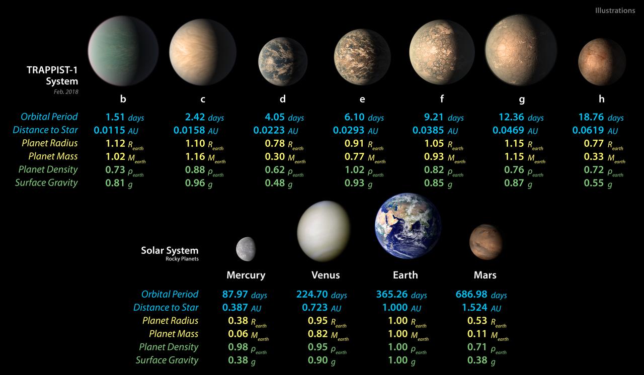 This chart shows, on the top row, artist concepts of the seven planets of TRAPPIST-1 with their orbital periods, distances from their star, radii, masses, densities and surface gravity as compared to those of Earth. These numbers are current as of February 2018. On the bottom row, the same numbers are displayed for the bodies of our inner solar system: Mercury, Venus, Earth and Mars. The TRAPPIST-1 planets orbit their star extremely closely, with periods ranging from 1.5 to only about 20 days. This is much shorter than the period of Mercury, which orbits our sun in about 88 days. The masses and densities of the TRAPPIST-1 planets were determined by careful measurements of slight variations in the timings of their orbits using extensive observations made by NASA's Spitzer and Kepler space telescopes, in combination with data from Hubble and a number of ground-based telescopes. These measurements are the most precise to date for any system of exoplanets. In this illustration, the relative sizes of the planets are all shown to scale. https://photojournal.jpl.nasa.gov/catalog/PIA22094