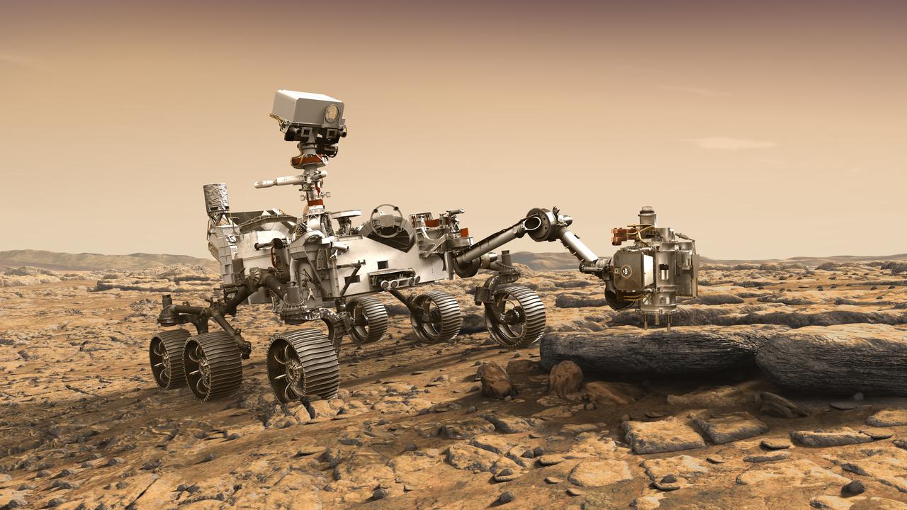 This artist's rendition depicts NASA's Mars 2020 rover studying a Mars rock outrcrop.  The mission will not only seek out and study an area likely to have been habitable in the distant past, but it will take the next, bold step in robotic exploration of the Red Planet by seeking signs of past microbial life itself.  Mars 2020 will use powerful instruments to investigate rocks on Mars down to the microscopic scale of variations in texture and composition. It will also acquire and store samples of the most promising rocks and soils that it encounters, and set them aside on the surface of Mars. A future mission could potentially return these samples to Earth.  Mars 2020 is targeted for launch in July/August 2020 aboard an Atlas V-541 rocket from Space Launch Complex 41 at Cape Canaveral Air Force Station in Florida.   https://photojournal.jpl.nasa.gov/catalog/PIA22105