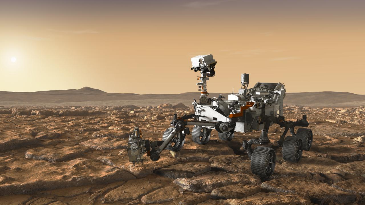 This artist's concept depicts NASA's Mars 2020 rover exploring Mars.  The mission will not only seek out and study an area likely to have been habitable in the distant past, but it will take the next, bold step in robotic exploration of the Red Planet by seeking signs of past microbial life itself.  Mars 2020 will use powerful instruments to investigate rocks on Mars down to the microscopic scale of variations in texture and composition. It will also acquire and store samples of the most promising rocks and soils that it encounters, and set them aside on the surface of Mars. A future mission could potentially return these samples to Earth.  Mars 2020 is targeted for launch in July/August 2020 aboard an Atlas V-541 rocket from Space Launch Complex 41 at Cape Canaveral Air Force Station in Florida.   https://photojournal.jpl.nasa.gov/catalog/PIA22107