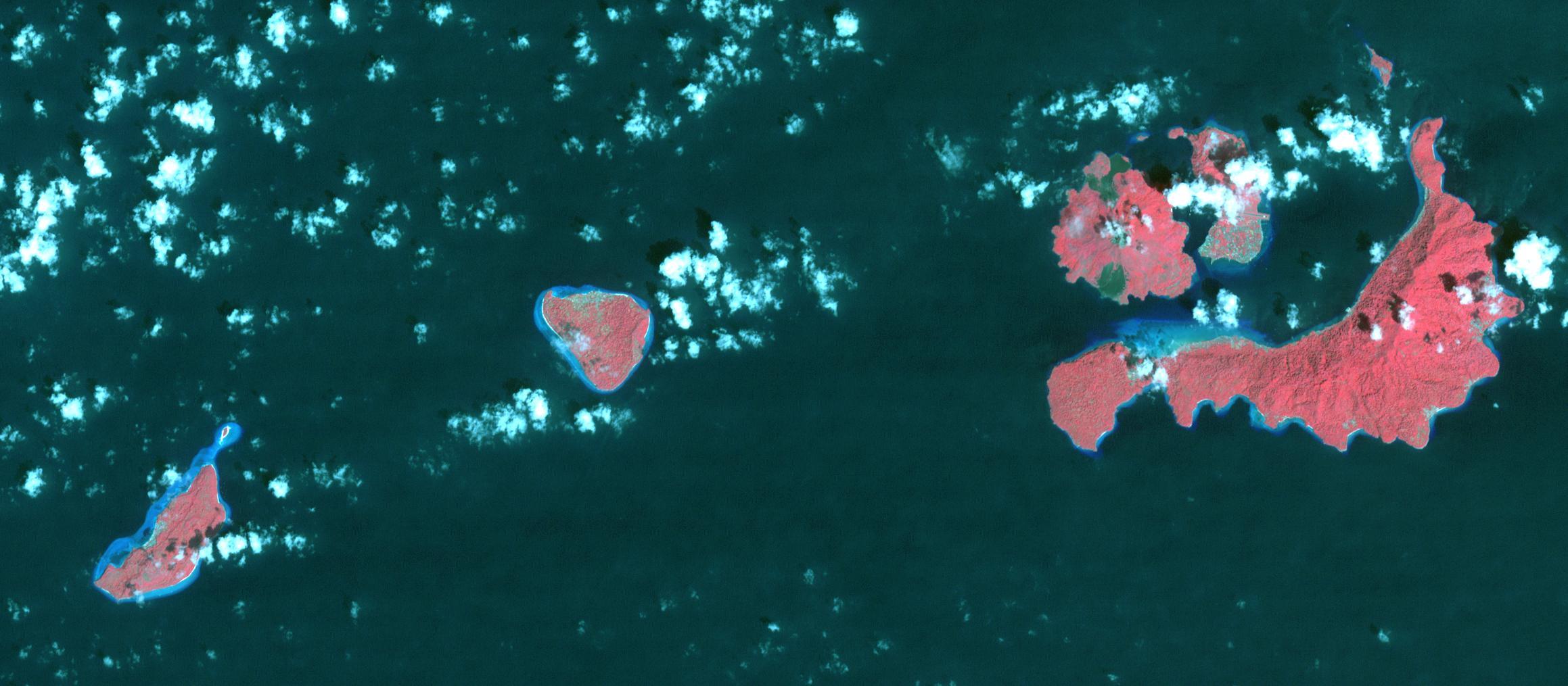 In 1667, the Dutch exchanged Run Island (left-most in the image) with the British for Manhattan (renamed from New Amsterdam to New York). Run Island is one of the smallest, and western-most, of the Banda Islands, part of the Malukus, Indonesia. At the time it was the only source of the incredibly valuable spices nutmeg and mace. The image was acquired January 5, 2016, covers an area of 15.7 by 34.8 kilometers, and is located at 4.5 degrees south, 129.7 degrees east.   https://photojournal.jpl.nasa.gov/catalog/PIA22133