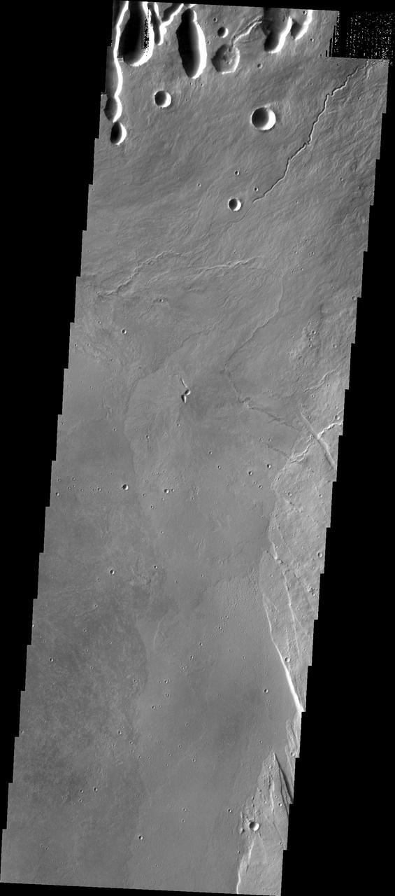 This THEMIS image shows part of the caldera floor of Arsia Mons. It is not uncommon for calderas to have "flat" floors after the final explosive eruption the empties the subsurface magma chamber. There may still be some magma or superheated rock left after the collapse that will fill in part of the depression. Additionally, over time erosion will work to level the topography. Within Arsia Mons there was renewed activity that occurred within the caldera along the alignment of the NE/SW trend of the three large volcanoes. This ongoing, low volume actitivity is similar to the lava lake in Kilauea in Hawaii. Small flows are visible throughout this image. In the center of the image is a small "L" shaped feature. This is the summit vent for the volcanic flows around it. The flows have lapped up against the caldera wall, filling in faults left by the caldera formation and increasing the elevation of the surface in this region of the caldera.  Arsia Mons is the southernmost of the Tharsis volcanoes. It is 270 miles (450km) in diameter, almost 12 miles (20km) high, and the summit caldera is 72 miles (120km) wide. For comparison, the largest volcano on Earth is Mauna Loa. From its base on the sea floor, Mauna Loa measures only 6.3 miles high and 75 miles in diameter. A large volcanic crater known as a caldera is located at the summit of all of the Tharsis volcanoes. These calderas are produced by massive volcanic explosions and collapse. The Arsia Mons summit caldera is larger than many volcanoes on Earth.  The Odyssey spacecraft has spent over 15 years in orbit around Mars, circling the planet more than 69000 times. It holds the record for longest working spacecraft at Mars. THEMIS, the IR/VIS camera system, has collected data for the entire mission and provides images covering all seasons and lighting conditions. Over the years many features of interest have received repeated imaging, building up a suite of images covering the entire feature. From the deepest chasma to the tallest volcano, individual dunes inside craters and dune fields that encircle the north pole, channels carved by water and lava, and a variety of other feature, THEMIS has imaged them all. For the next several months the image of the day will focus on the Tharsis volcanoes, the various chasmata of Valles Marineris, and the major dunes fields. We hope you enjoy these images!  Orbit Number: 19874 Latitude: -8.57834 Longitude: 240.452 Instrument: VIS Captured: 2006-06-07 18:39  https://photojournal.jpl.nasa.gov/catalog/PIA22157