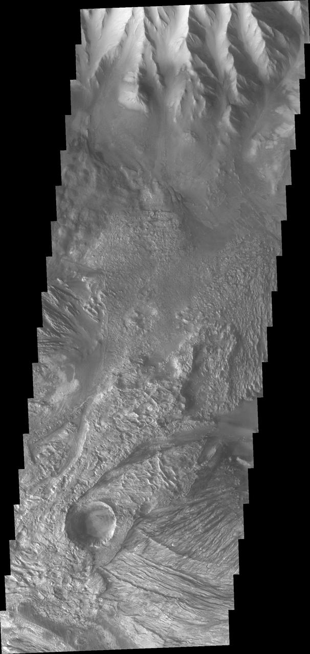 This THEMIS image shows part of western Candor Chasma. Near the bottom of the image is an impact crater. Impact craters are relatively rare within all the canyons of Valles Marineris. The lack of craters may be due to the relative young age of the canyon system - younger surfaces on Mars have fewer craters than older surfaces. Another factor is that the high rate of erosion and deposition within the canyon erodes the ejecta blanket and fills in the crater, effectively removing the crater over time.  Candor Chasma is one of the largest canyons that make up Valles Marineris. It is approximately 810 km long (503 miles) and has is divided into two regions - eastern and western Candor. Candor is located south of Ophir Chasma and north of Melas Chasma. The border with Melas Chasma contains many large landslide deposits. The floor of Candor Chasma includes a variety of landforms, including layered deposits, dunes, landslide deposits and steep sided cliffs and mesas. Many forms of erosion have shaped Chandor Chasma. There is evidence of wind and water erosion, as well as significant gravity driven mass wasting (landslides).  The Odyssey spacecraft has spent over 15 years in orbit around Mars, circling the planet more than 69000 times. It holds the record for longest working spacecraft at Mars. THEMIS, the IR/VIS camera system, has collected data for the entire mission and provides images covering all seasons and lighting conditions. Over the years many features of interest have received repeated imaging, building up a suite of images covering the entire feature. From the deepest chasma to the tallest volcano, individual dunes inside craters and dune fields that encircle the north pole, channels carved by water and lava, and a variety of other feature, THEMIS has imaged them all. For the next several months the image of the day will focus on the Tharsis volcanoes, the various chasmata of Valles Marineris, and the major dunes fields. We hope you enjoy these images!  Orbit Number: 16479 Latitude: -5.02282 Longitude: 284.268 Instrument: VIS Captured: 2005-09-01 04:09  https://photojournal.jpl.nasa.gov/catalog/PIA22166