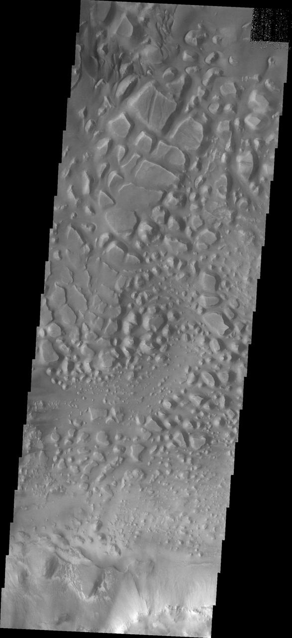 This image of central Candor Chasma shows a surface topography called chaos. Chaos is a region of small to medium sized mesas surrounded by valleys that are usually the same elevation. In this image sand and sand dunes have accumulated in the valleys near the top of the image, but are not as prevalent towards the bottom of the image.  Candor Chasma is one of the largest canyons that make up Valles Marineris. It is approximately 810 km long (503 miles) and has is divided into two regions - eastern and western Candor. Candor is located south of Ophir Chasma and north of Melas Chasma. The border with Melas Chasma contains many large landslide deposits. The floor of Candor Chasma includes a variety of landforms, including layered deposits, dunes, landslide deposits and steep sided cliffs and mesas. Many forms of erosion have shaped Chandor Chasma. There is evidence of wind and water erosion, as well as significant gravity driven mass wasting (landslides).  The Odyssey spacecraft has spent over 15 years in orbit around Mars, circling the planet more than 69000 times. It holds the record for longest working spacecraft at Mars. THEMIS, the IR/VIS camera system, has collected data for the entire mission and provides images covering all seasons and lighting conditions. Over the years many features of interest have received repeated imaging, building up a suite of images covering the entire feature. From the deepest chasma to the tallest volcano, individual dunes inside craters and dune fields that encircle the north pole, channels carved by water and lava, and a variety of other feature, THEMIS has imaged them all. For the next several months the image of the day will focus on the Tharsis volcanoes, the various chasmata of Valles Marineris, and the major dunes fields. We hope you enjoy these images!  Orbit Number: 26213 Latitude: -7.25478 Longitude: 287.032 Instrument: VIS Captured: 2007-11-11 14:48  https://photojournal.jpl.nasa.gov/catalog/PIA22169