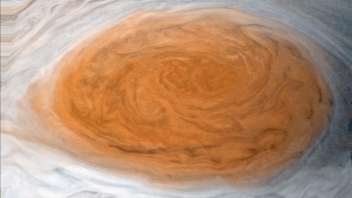 Winds around Jupiter's Great Red Spot are simulated in this JunoCam view that has been animated using a model of the winds there. The wind model, called a velocity field, was derived from data collected by NASA's Voyager spacecraft and Earth-based telescopes.  NASA's Juno spacecraft acquired the original, static view during passage over the spot on July 10, 2017. Citizen scientists Gerald Eichstädt and Justin Cowart turned the JunoCam data into a color image mosaic. Juno scientists Shawn Ewald and Andrew Ingersoll applied the velocity data to the image to produce a looping animation.  An animation is available at https://photojournal.jpl.nasa.gov/catalog/PIA22178
