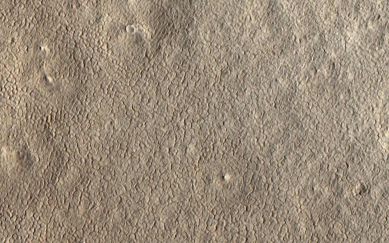 Ground cemented by ice cover the high latitudes of Mars, much as they do on Earth's cold climates. A common landform that occurs in icy terrain are polygons as shown in this image from NASA's Mars Reconnaissance Orbiter (MRO).  Polygonal patterns form by winter cooling and contraction cracking of the frozen ground. Over time these thin cracks develop and coalesce into a honeycomb network, with a few meters spacing between neighboring cracks. Shallow troughs mark the locations of the underground cracks, which are clearly visible form orbit.  The map is projected here at a scale of 25 centimeters (9.8 inches) per pixel. [The original image scale is 30.2 centimeters (11.9 inches) per pixel (with 1 x 1 binning); objects on the order of 91 centimeters (35.8 inches) across are resolved.] North is up.  https://photojournal.jpl.nasa.gov/catalog/PIA22180