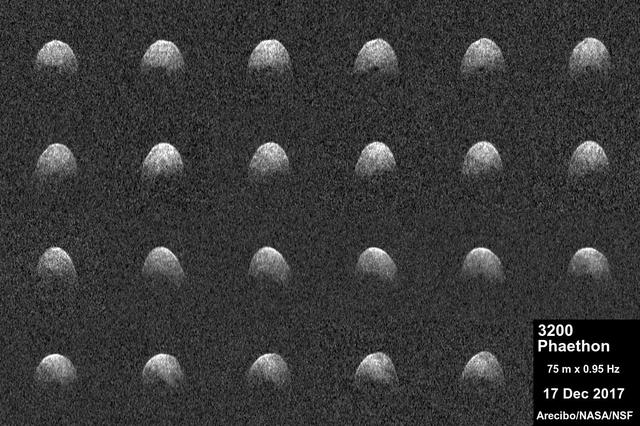 These radar images of near-Earth asteroid 3200 Phaethon were generated by astronomers at the National Science Foundation's Arecibo Observatory on Dec. 17, 2017. Observations of Phaethon were conducted at Arecibo from Dec.15 through 19, 2017. At time of closest approach on Dec. 16 at 3 p.m. PST (6 p.m. EST, 11 p.m. UTC) the asteroid was about 6.4 million miles (10.3 million kilometers) away, or about 27 times the distance from Earth to the moon. The encounter is the closest the object will come to Earth until 2093. An animation is available at https://photojournal.jpl.nasa.gov/catalog/PIA22185