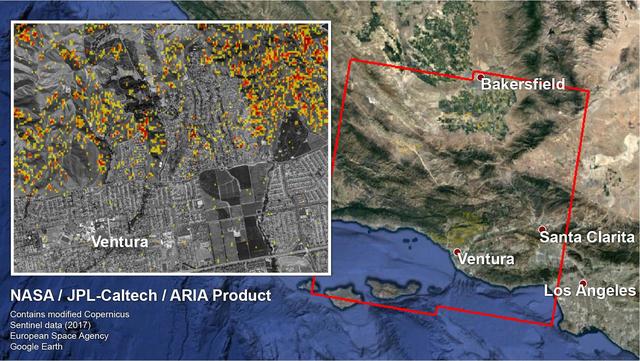 The Advanced Rapid Imaging and Analysis (ARIA) team at NASA's Jet Propulsion Laboratory in Pasadena, California, and Caltech, also in Pasadena, created a Damage Proxy Map (DPM) depicting areas in Southern California that are likely damaged (shown by red and yellow pixels) as a result of recent wildfires, including the Thomas Fire in Ventura and Santa Barbara Counties, highlighted in the attached image taken from the DPM. The map is derived from synthetic aperture radar (SAR) images from the Copernicus Sentinel-1 satellites, operated by the European Space Agency (ESA). The images were taken before (Nov. 28, 2017, 6 a.m. PST) and after (Dec. 10, 2017, 6 a.m. PST) the onset of the fires.  The map covers an area of 107 by 107 miles (172 by 172 kilometers), shown by the large red polygon. Each pixel measures about 33 yards (30 meters) across. The color variation from yellow to red indicates increasingly more significant ground surface change. Preliminary validation was done by comparing the map to optical satellite imagery from DigitalGlobe. This damage proxy map should be used as guidance to identify damaged areas, and may be less reliable over vegetated areas. For example, the colored pixels seen over mountainous areas may seem a little scattered even though the reality could be that the contiguous areas were burned. Patches of farmland can also appear as signals due to plowing or irrigation. The full map is available to download from https://aria-share.jpl.nasa.gov/events/20171210-SoCal_Fire/.  https://photojournal.jpl.nasa.gov/catalog/PIA22191