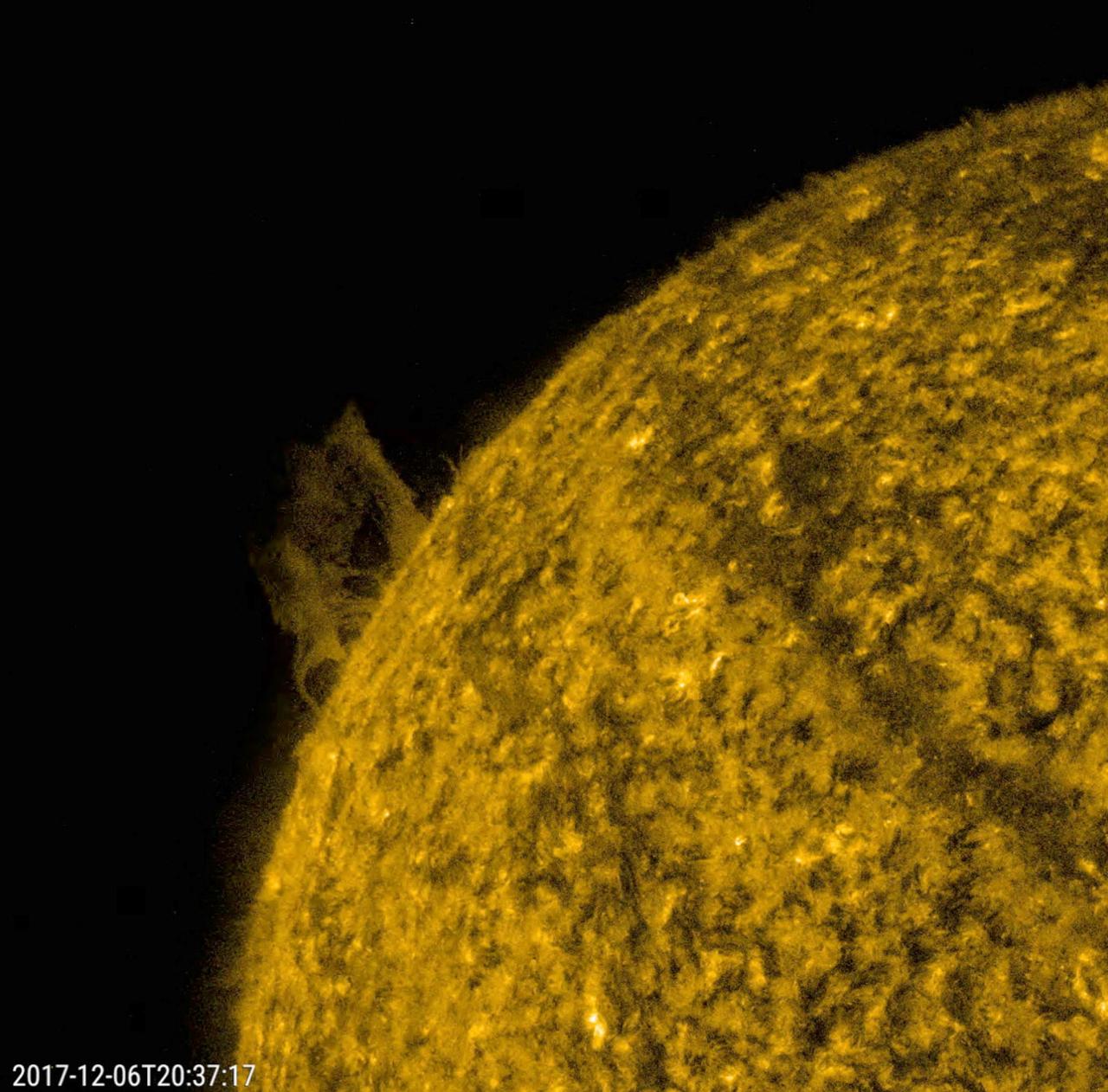 A small prominence slowly rose further up above the sun, then fell apart and back into the sun over about seven hours (Dec. 6, 2017). Prominences, notoriously unstable, are cooler clouds of particles tethered not far above the sun by magnetic forces. When it stretched out, its distance above the sun was several times the size of Earth. Images were taken in a wavelength of extreme ultraviolet light. These images are colorized since we cannot "see" ultraviolet light. In this case, a yellow tone was used instead of the normal red tint we use for this 304 Angstrom wavelength. Movies are available at https://photojournal.jpl.nasa.gov/catalog/PIA22195