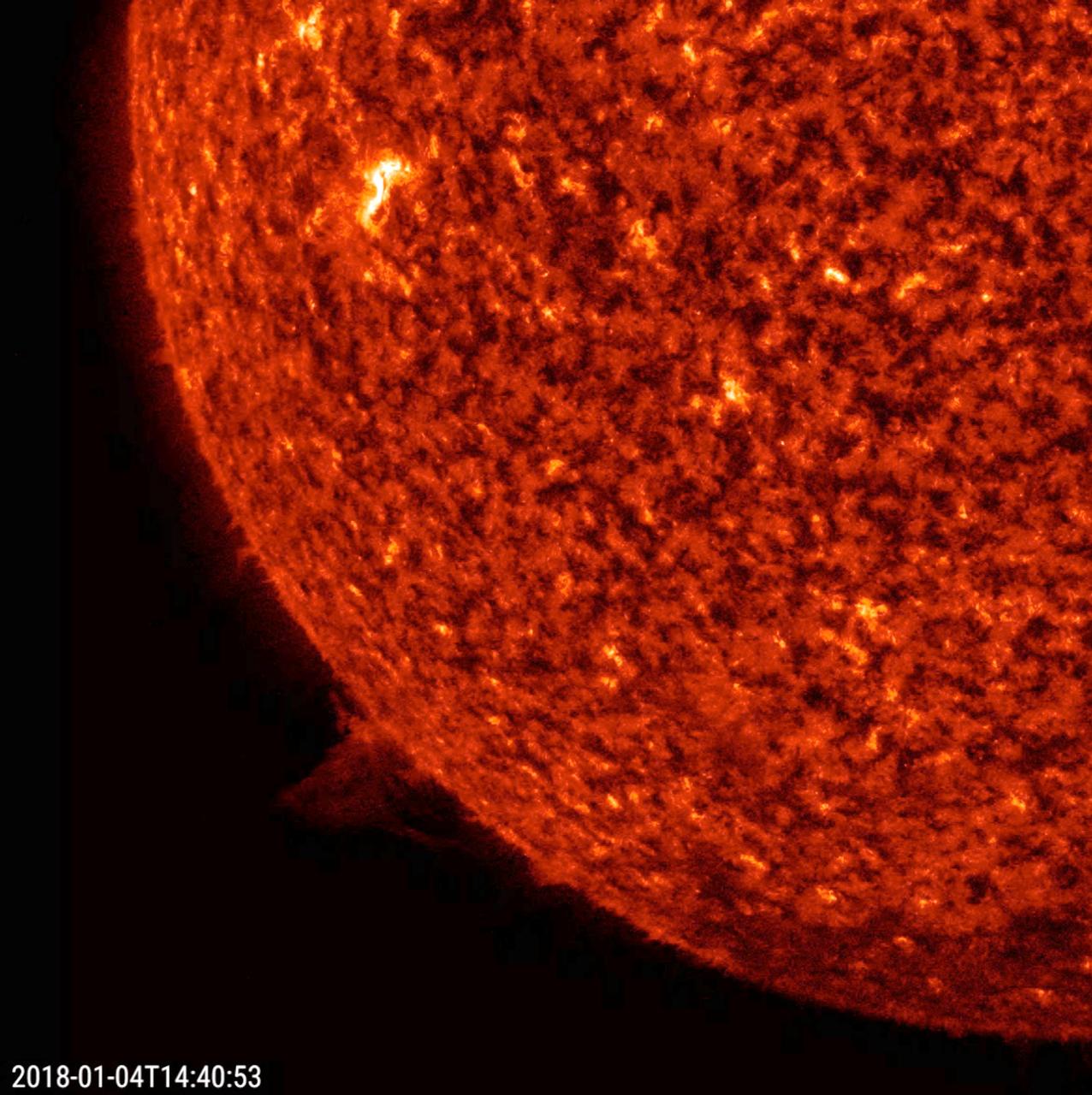 A small prominence rose up above the sun, appeared to twist around for several hours, and then began to send some streams of plasma back into the sun (Jan. 3-4, 2018). The action, observed in a wavelength of extreme ultraviolet light, lasted just about one day. Prominences like this one are quite common. In fact, there were several over the past few days. For a sense of scale, the prominence reached up more than several times the size of Earth.  Movies are available at https://photojournal.jpl.nasa.gov/catalog/PIA22198