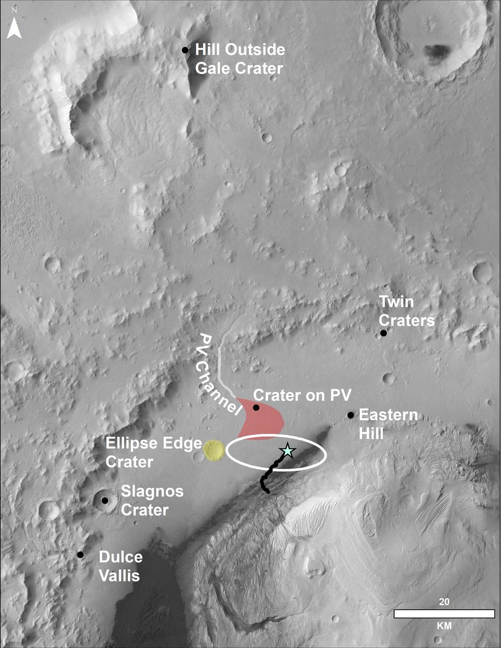 This image of the northwestern portion of Mars' Gale Crater and terrain north of it, from the European Space Agency's Mars Express orbiter, provides a locator map for some features visible in an October 2017 panorama from NASA's Curiosity Mars rover (see PIA22210, Fig. 1).  A blue star marks the rover's landing site, on the floor of Gale Crater near the base of Mount Sharp. That layered mountain occupies the middle of the crater. The black line indicates the path of the rover's traverse from its August 2012 landing to about the location on lower Mount Sharp, where the panorama was acquired.  North is toward the top. At lower right is a 20-kilometer (12.4-mile) scale bar. The base-map image was taken by the High Resolution Stereo Camera on Mars Express.  https://photojournal.jpl.nasa.gov/catalog/PIA22208