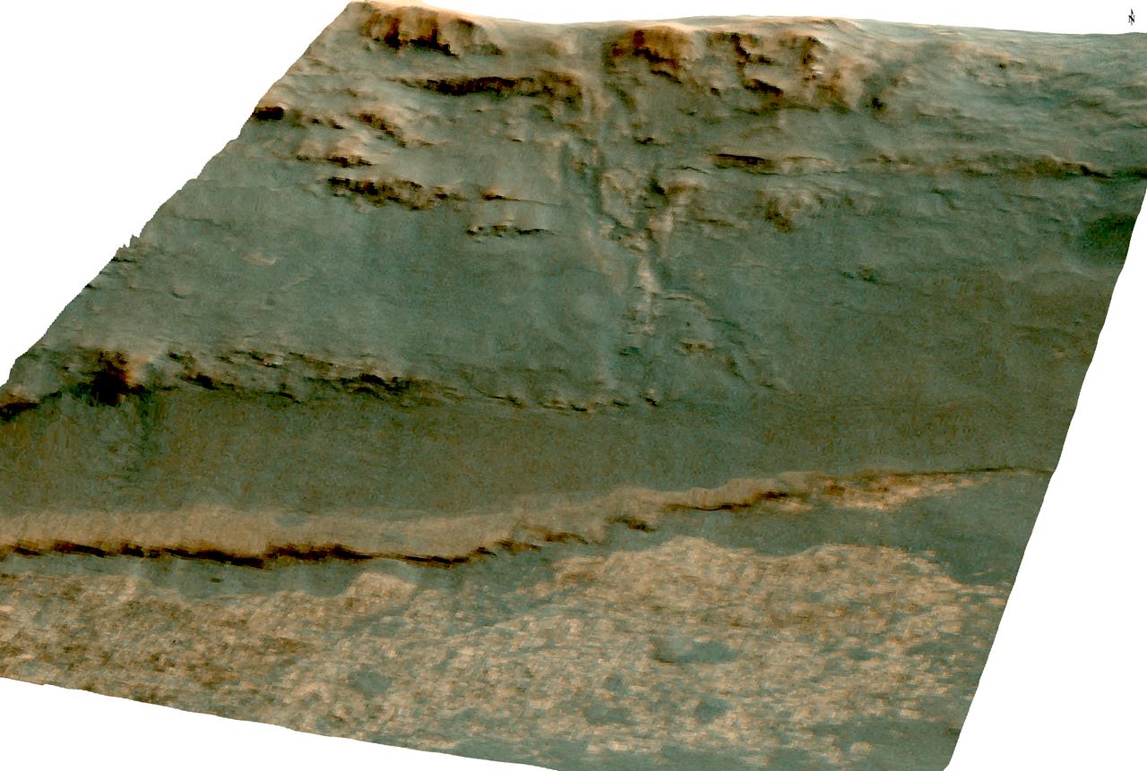 The channel descending a Martian slope in this perspective view is "Perseverance Valley," which is the study area of NASA's Mars Exploration Rover Opportunity as the rover passes its 5,000th sol, or Martian day, of its mission on the surface of Mars.  The view was produced by overlaying an image take from orbit onto a topographic model with five-fold vertical exaggeration to emphasize the shapes on the rim of a large crater that have been cut by the valley on the inboard slope of the rim. The image used is from the High Resolution Imaging Science Experiment (HiRISE) camera on NASA's Mars Reconnaissance Orbiter, observation ESP_036753_1775.  The crest of a portion of the western rim of Endeavour Crater is at the top of the view, and the floor of the crater is in the foreground, below an erosion-resistant bench perched beneath the valley. The crater is about 14 miles (22 kilometers) in diameter. This perspective view is from within the crater, looking westward. It spans an area about a quarter mile (400 meters) wide from left to right (south to north). The interior rim slopes about 15 to 20 degrees.  Figure 1 is an annotated version indicating Perseverance Valley and the bench, plus Opportunity's locations on Sol 5,000 (Feb. 16, 2018) and on Sol 4,958 (Jan. 4, 2018). On Sol 4958, the rover took images with its Navigation Camera and its Hazard Avoidance Camera showing textures of possible stone stripes. The graphic was created at Washington University in St. Louis.  A map of a slightly larger portion of the crater rim shows the location of Perseverance Valley and Opportunity's 2017 approach path. As of its Sol 5,000, Opportunity has driven 28 miles (45 kilometers) since its January 2004 landing, in what was planned as a 90-sol mission.  https://photojournal.jpl.nasa.gov/catalog/PIA22216