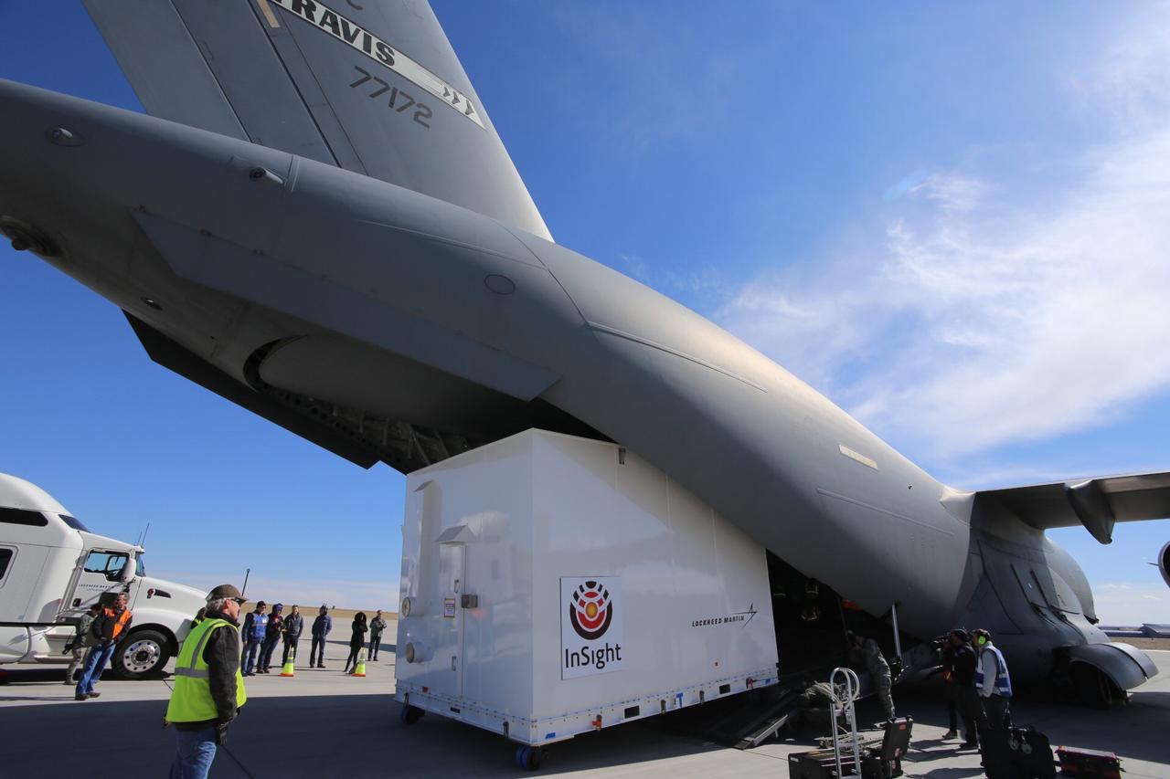 Personnel supporting NASA's InSight mission to Mars load the crated InSight spacecraft into a C-17 cargo aircraft at Buckley Air Force Base, Denver, for shipment to Vandenberg Air Force Base, California. The spacecraft, built in Colorado by Lockheed Martin Space, was shipped February 28, 2018, in preparation for launch from Vandenberg in May 2018.  InSight, short for Interior Exploration using Seismic Investigations, Geodesy and Heat Transport, is the first mission dedicated to studying the deep interior of Mars. Its findings will advance understanding of the early history of all rocky planets, including Earth.  https://photojournal.jpl.nasa.gov/catalog/PIA22220