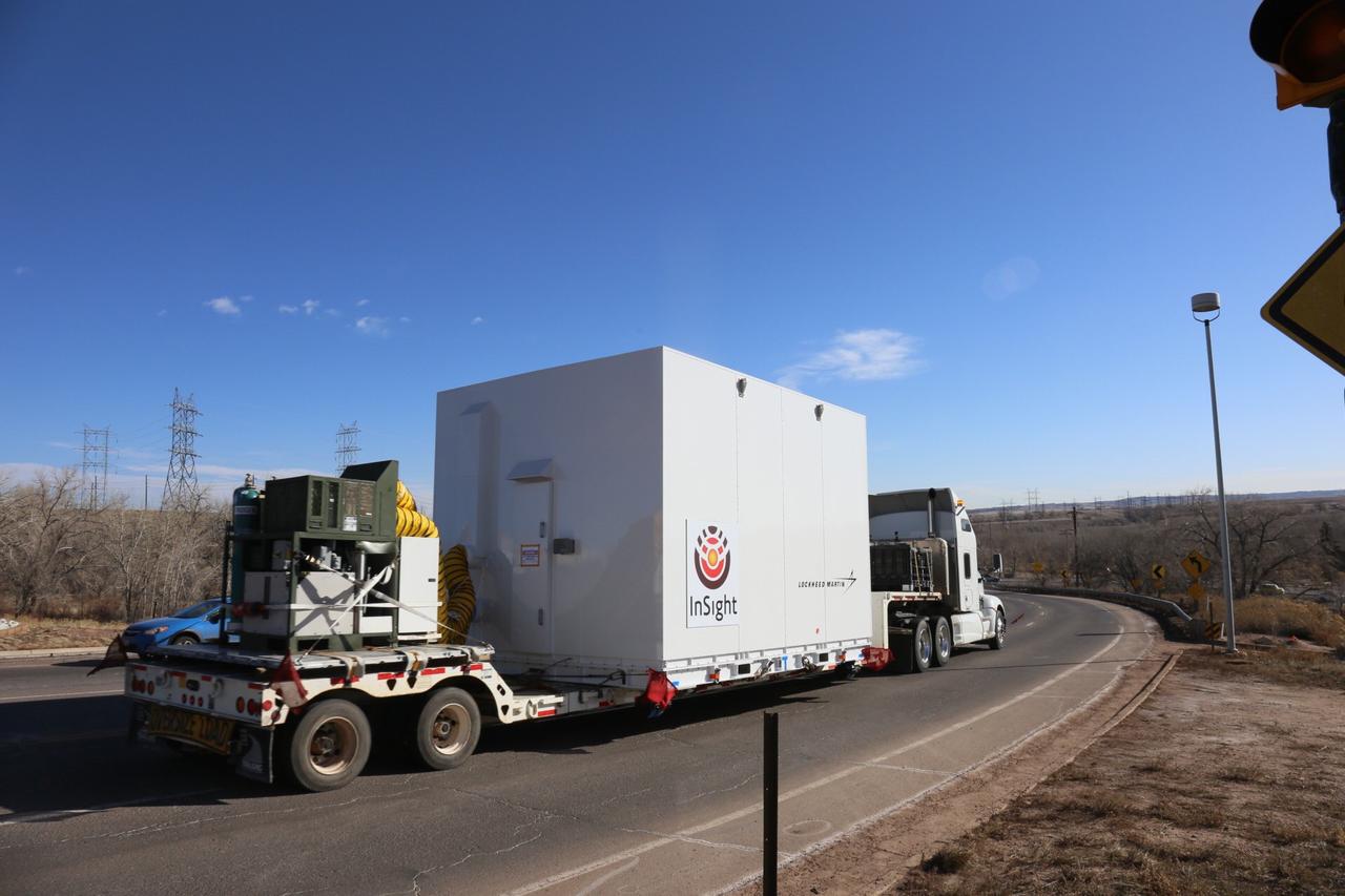 A truck carrying NASA s InSight spacecraft leaves Lockheed Martin Space, Denver, where the spacecraft was built and tested, on February 28, 2018. InSight was driven to Buckley Air Force Base, where it was loaded into a C-17 cargo aircraft and flown to Vandenberg Air Force Base, California. There, it will be prepared for a May launch.  InSight, short for Interior Exploration using Seismic Investigations, Geodesy and Heat Transport, is the first mission dedicated to studying the deep interior of Mars. Its findings will advance understanding of the early history of all rocky planets, including Earth.  https://photojournal.jpl.nasa.gov/catalog/PIA22225