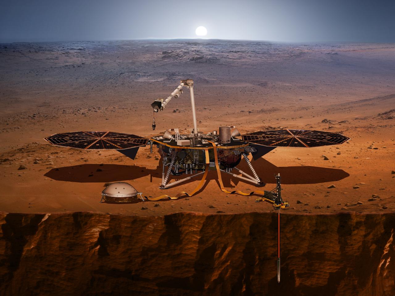 This artist's concept shows the InSight lander, its sensors, cameras and instruments. InSight is will take the first-ever-in-depth look at Mars' "inner space." InSight stands for Interior Exploration using Seismic Investigations, Geodesy and Heat Transport. Its three instruments are a seismometer, a heat flow probe, and a radio science experiment. These instruments will shed light on how warm and geologically active Mars still is, study its reflexes as it whips about in its orbit around the sun, and provide essential clues on the evolution of the rocky planets of our solar system. So while InSight is a Mars mission, it's also more than a Mars mission. InSight will launch between May 5 through June 8, 2018 from Vandenberg Air Force Base in California. https://photojournal.jpl.nasa.gov/catalog/PIA22227