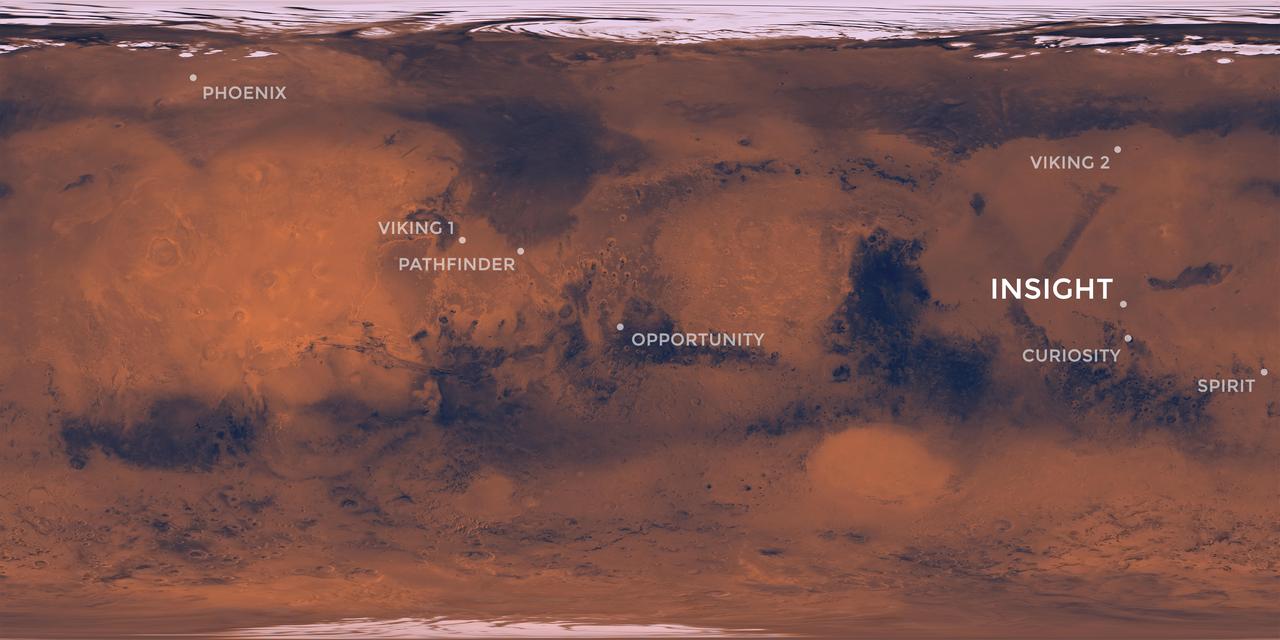 Elysium Planitia, a flat-smooth plain just north of the equator makes for the perfect location from which to study the deep Martian interior.  Interior Exploration using Seismic Investigations, Geodesy and Heat Transport, or InSight, is designed to study the deep interior of Mars. The mission seeks the fingerprints of the processes that formed the rocky planets of the solar system.  Its landing site, Elysium Planitia, was picked from 22 candidates, and is centered at about 4.5 degrees north latitude and 135.9 degrees east longitude; about 373 miles (600 kilometers) from Curiosity's landing site, Gale Crater. The locations of other Mars landers and rovers are labeled.  InSight's scientific success and safe landing depends on landing in a relatively flat area, with an elevation low enough to have sufficient atmosphere above the site for a safe landing. It also depends on landing in an area where rocks are few in number. Elysium Planitia has just the right surface for the instruments to be able to probe the deep interior, and its proximity to the equator ensures that the solar-powered lander is exposed to plenty of sunlight.  https://photojournal.jpl.nasa.gov/catalog/PIA22232