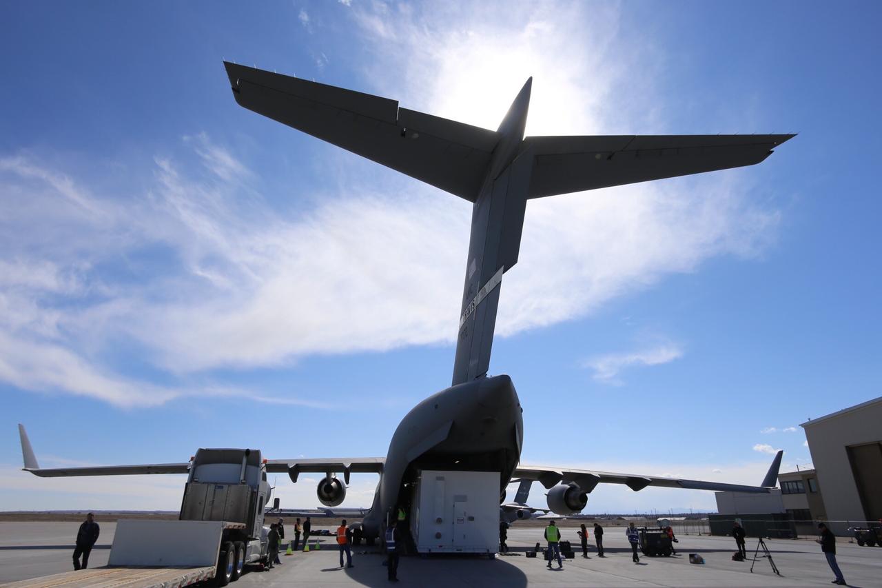 Personnel supporting NASA's InSight mission to Mars load the crated InSight spacecraft into a C-17 cargo aircraft at Buckley Air Force Base, Denver, for shipment to Vandenberg Air Force Base, California. The spacecraft, built in Colorado by Lockheed Martin Space, was shipped February 28, 2018, in preparation for launch from Vandenberg in May 2018.  InSight, short for Interior Exploration using Seismic Investigations, Geodesy and Heat Transport, is the first mission dedicated to studying the deep interior of Mars. Its findings will advance understanding of the early history of all rocky planets, including Earth.  https://photojournal.jpl.nasa.gov/catalog/PIA22252