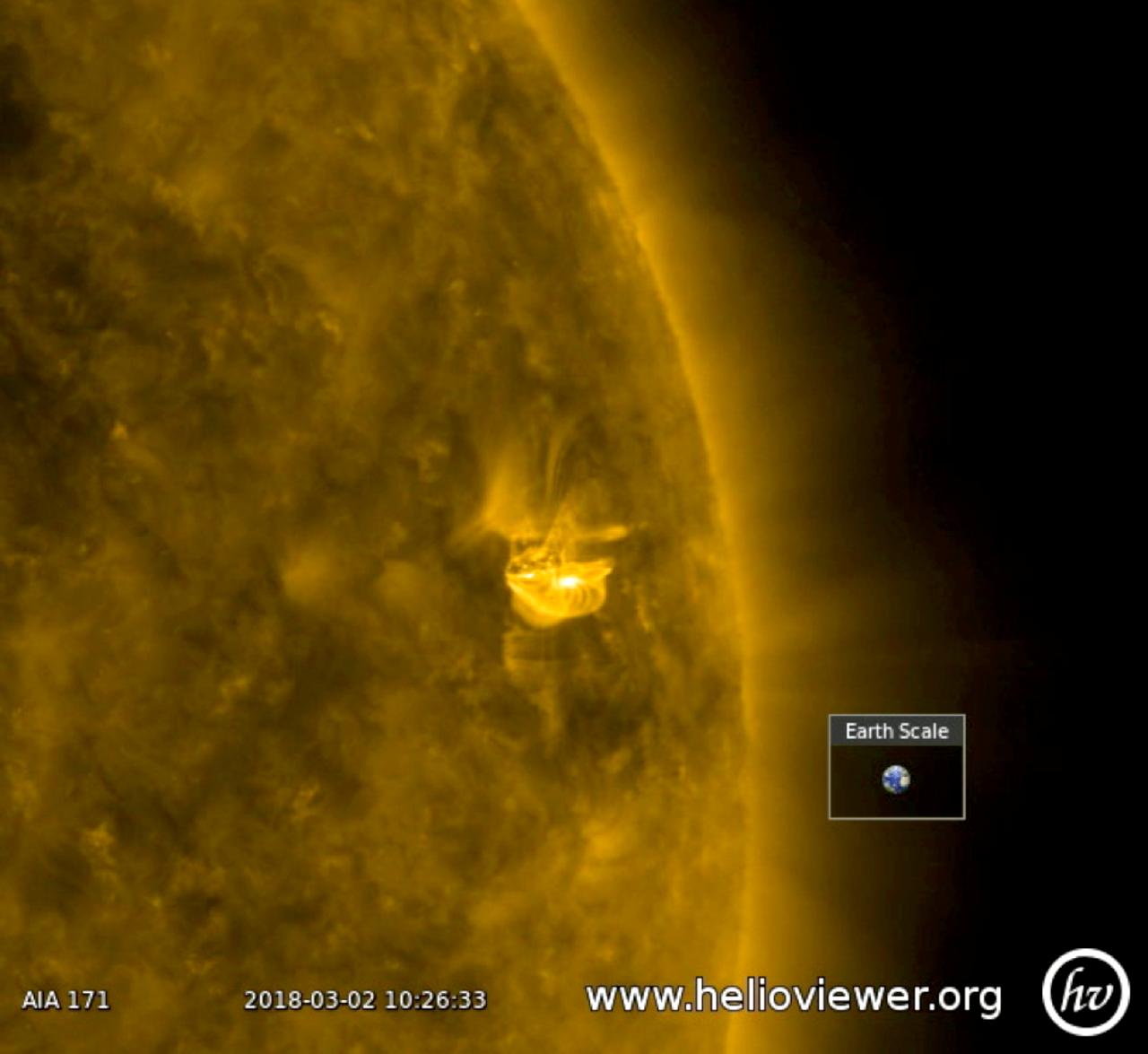 A relatively small active region erupted twice in 18 hours (Mar. 2, 2018). After each burst, one can see the magnetic fields lines, which appear as bright coils, spiraling around the region. They are reorganizing the disrupted magnetic field. The quick second when the screen goes black was caused by the Earth passing between the spacecraft and the sun. Images were taken in a wavelength of extreme ultraviolet light. The video was produced using the free Helioviewer software at Helioviewer.org.  Videos are available at https://photojournal.jpl.nasa.gov/catalog/PIA22260