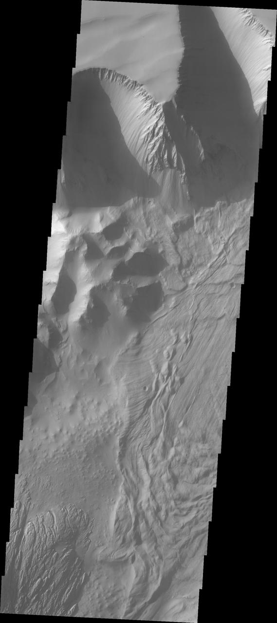 This VIS image shows part of the central region of Tithonium Chasma. The steep wall of the canyon is visible at the top of the image. The top of the canyon walls are layered, mostly likely by numerous volcanic flows. This material is more resistant and forms the ridges extending down the canyon walls. A large landslide deposit covers the right side of the image. An eroded mound on the floor of the canyon exists at the bottom left of the image. The initial formation of the mound was possibly created of air fall of dust, sand, and volcanic materials and water lain materials.  Tithonium Chasma is at the western end of Valles Marineris. Valles Marineris is over 4000 kilometers long, wider than the United States. Tithonium Chasma is almost 810 kilometers long (499 miles), 50 kilometers wide and over 6 kilometers deep. In comparison, the Grand Canyon in Arizona is about 175 kilometers long, 30 kilometers wide, and only 2 kilometers deep. The canyons of Valles Marineris were formed by extensive fracturing and pulling apart of the crust during the uplift of the vast Tharsis plateau. Landslides have enlarged the canyon walls and created deposits on the canyon floor. Weathering of the surface and influx of dust and sand have modified the canyon floor.  The Odyssey spacecraft has spent over 15 years in orbit around Mars, circling the planet more than 71,000 times. It holds the record for longest working spacecraft at Mars. THEMIS, the IR/VIS camera system, has collected data for the entire mission and provides images covering all seasons and lighting conditions. Over the years many features of interest have received repeated imaging, building up a suite of images covering the entire feature. From the deepest chasma to the tallest volcano, individual dunes inside craters and dune fields that encircle the north pole, channels carved by water and lava, and a variety of other feature, THEMIS has imaged them all. For the next several months the image of the day will focus on the Tharsis volcanoes, the various chasmata of Valles Marineris, and the major dunes fields. We hope you enjoy these images!  Orbit Number: 3187 Latitude: -4.15004 Longitude: 272.043 Instrument: VIS Captured: 2002-09-02 21:33  https://photojournal.jpl.nasa.gov/catalog/PIA22267