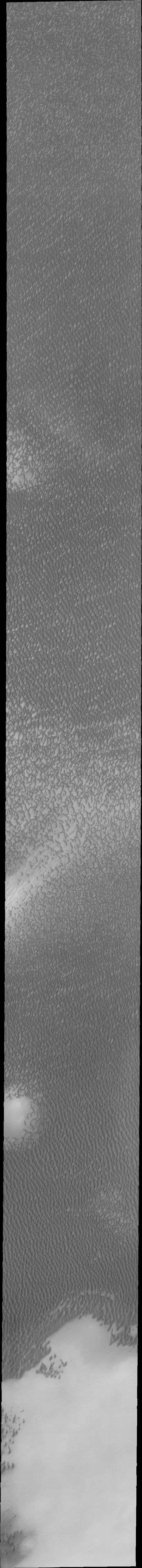 This VIS image of Olympia Undae was collected during north polar summer. The dunes are now completely frost free and are dark in color due to being made of basaltic sand. The surface between the dunes, where visible, is a bright tone. In some regions of dense dunes, the bright material may be a deposit on the dunes rather than the underlying surface. The presence of gypsum has been suggested for Olympia Undae, gypsum is a lighter tone than basalt in this filter of the THEMIS VIS camera.  Olympia Undae is a vast dune field in the north polar region of Mars. It consists of a broad sand sea or erg that partly rings the north polar cap from about 120° to 240°E longitude and 78° to 83°N latitude. The dune field covers an area of approximately 470,000 km2 (bigger than California, smaller than Texas). Olympia Undae is the largest continuous dune field on Mars. Olympia Undae is not the only dune field near the north polar cap, several other smaller fields exist in the same latitude, but in other ranges of longitude, e.g. Abolos and Siton Undae. Barchan and transverse dune forms are the most common. In regions with limited available sand individual barchan dunes will form, the surface beneath and between the dunes is visible. In regions with large sand supplies, the sand sheet covers the underlying surface, and dune forms are found modifying the surface of the sand sheet. In this case transverse dunes are more common. Barchan dunes "point" down wind, transverse dunes are more linear and form parallel to the wind direction. The "square" shaped transverse dunes in Olympia Undae are due to two prevailing wind directions. The density of dunes and the alignments of the dune crests varies with location, controlled by the amount of available sand and the predominant winds over time.  The Odyssey spacecraft has spent over 15 years in orbit around Mars, circling the planet more than 71,000 times. It holds the record for longest working spacecraft at Mars. THEMIS, the IR/VIS camera system, has collected data for the entire mission and provides images covering all seasons and lighting conditions. Over the years many features of interest have received repeated imaging, building up a suite of images covering the entire feature. From the deepest chasma to the tallest volcano, individual dunes inside craters and dune fields that encircle the north pole, channels carved by water and lava, and a variety of other feature, THEMIS has imaged them all. For the next several months the image of the day will focus on the Tharsis volcanoes, the various chasmata of Valles Marineris, and the major dunes fields. We hope you enjoy these images!  Orbit Number: 12614 Latitude: 80.8745 Longitude: 174.688 Instrument: VIS Captured: 2004-10-18 00:23  https://photojournal.jpl.nasa.gov/catalog/PIA22293