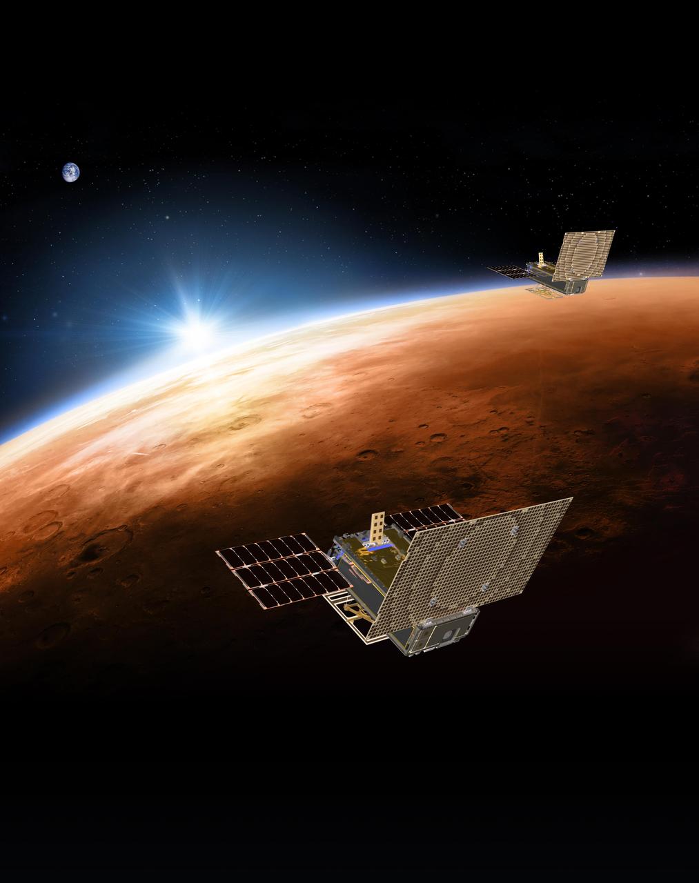 An artist's rendering of the twin Mars Cube One (MarCO) spacecraft flying over Mars with Earth in the distance. The MarCOs will be the first CubeSats -- a kind of modular, mini-satellite -- flown in deep space. They're designed to fly along behind NASA's InSight lander on its cruise to Mars. If they make the journey, they will test a relay of data about InSight's entry, descent and landing back to Earth. Though InSight's mission will not depend on the success of the MarCOs, they will be a test of how CubeSats can be used in deep space.  https://photojournal.jpl.nasa.gov/catalog/PIA22316