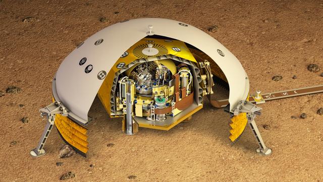 This artist's rendering shows a cutaway of the Seismic Experiment for Interior Structure instrument, or SEIS, which will fly as part of NASA's Mars InSight lander. SEIS is a highly sensitive seismometer that will be used to detect marsquakes from the Red Planet's surface for the first time. There are two layers in this cutaway. The outer layer is the Wind and Thermal Shield -- a covering that protects the seismometer from the Martian environment. The wind on Mars, as well as extreme temperature changes, could affect the highly sensitive instrument. The inside layer is SEIS itself, a brass-colored dome that houses the instrument's three pendulums. These insides are inside a titanium vacuum chamber to further isolate them from temperature changes on the Martian surface. https://photojournal.jpl.nasa.gov/catalog/PIA22320