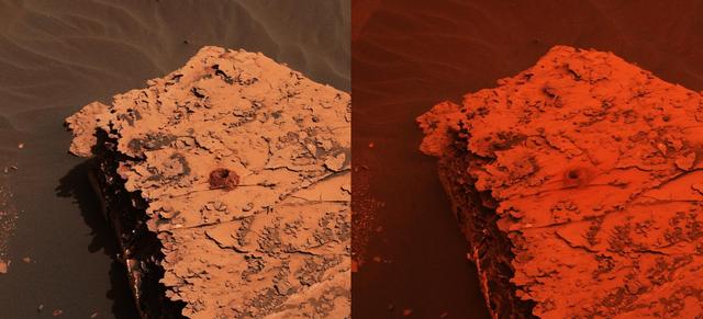 Two images from the Mast Camera (Mastcam) on NASA's Curiosity rover depict the change in the color of light illuminating the Martian surface since a dust storm engulfed Gale Crater. The left image shows the "Duluth" drill site on Sol 2058 (May 21, 2018); the right image is from Sol 2084 (June 17).  The cherry red color in the post-storm image is due to a few factors. One difference between the two images is exposure time: the dust over Curiosity creates low-lighting conditions that require longer exposure times for the cameras. The pre-storm image had an exposure time of 7.3 milliseconds, which is normal for the rover; the later image had an exposure time that was 66 milliseconds -- or nine times longer.  But a primary factor is red light being filtered through the dust; very little green and essentially no blue light makes it through the dust cloud. It's not unlike the way a forest fire changes the color of light, or a red stage light filters the other colors out.  Though the first pre-storm image was taken at an earlier time of day, it has a much deeper shadow than the second image. That is because the whole sky is red and illuminating the rock from all sides.  Individual images are available at https://photojournal.jpl.nasa.gov/catalog/PIA22330