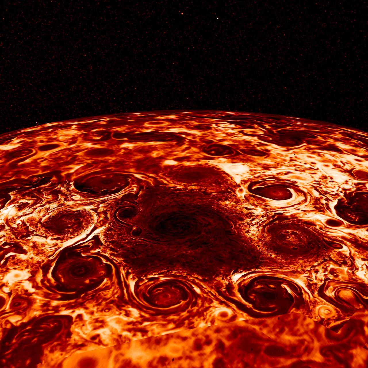 In this composite image, derived from data collected by the Jovian Infrared Auroral Mapper (JIRAM) instrument aboard NASA's Juno mission to Jupiter, shows the central cyclone at the planet's north pole and the eight cyclones that encircle it. JIRAM collects data in infrared, and the colors in this composite represent radiant heat: the yellow (thinner) clouds are about 9 degrees Fahrenheit (-13°Celsius) in brightness temperature and the dark red (thickest) are around -181 degrees Fahrenheit (83°Celsius).  https://photojournal.jpl.nasa.gov/catalog/PIA22335